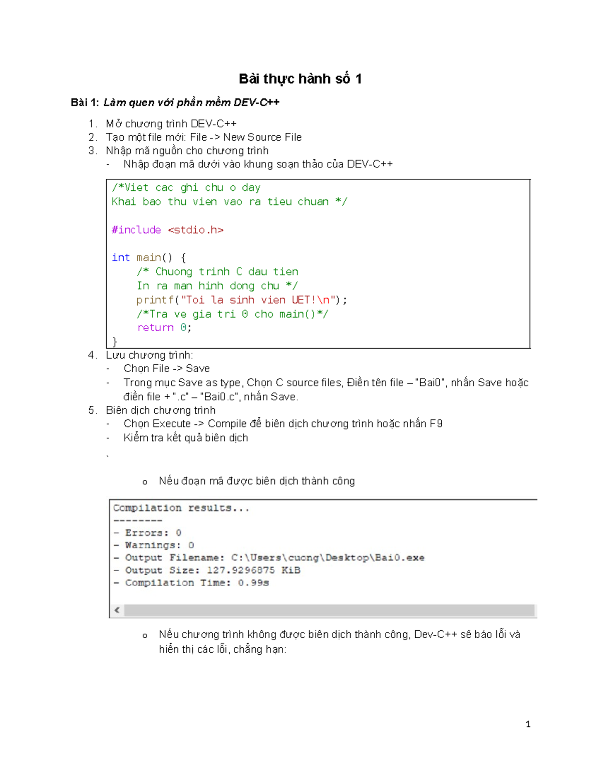 Thực Hành Số 1: Giới Thiệu DEV-C++ và Biên Dịch Chương Trình C - Studocu