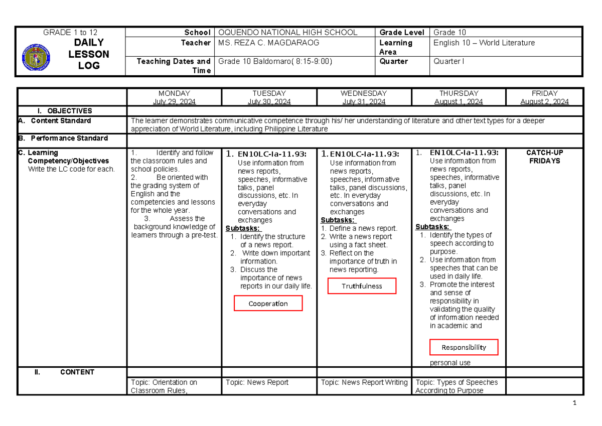 Q1 W1 - DLL WEEK 1 - GRADE 1 to 12 DAILY LESSON LOG School OQUENDO ...