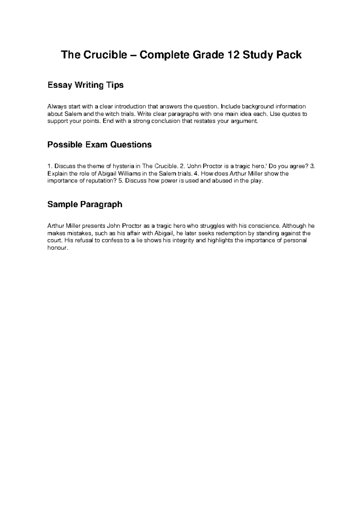 The Crucible Grade 12 Study Pack: Essay Writing Tips & Exam Qs - Studocu