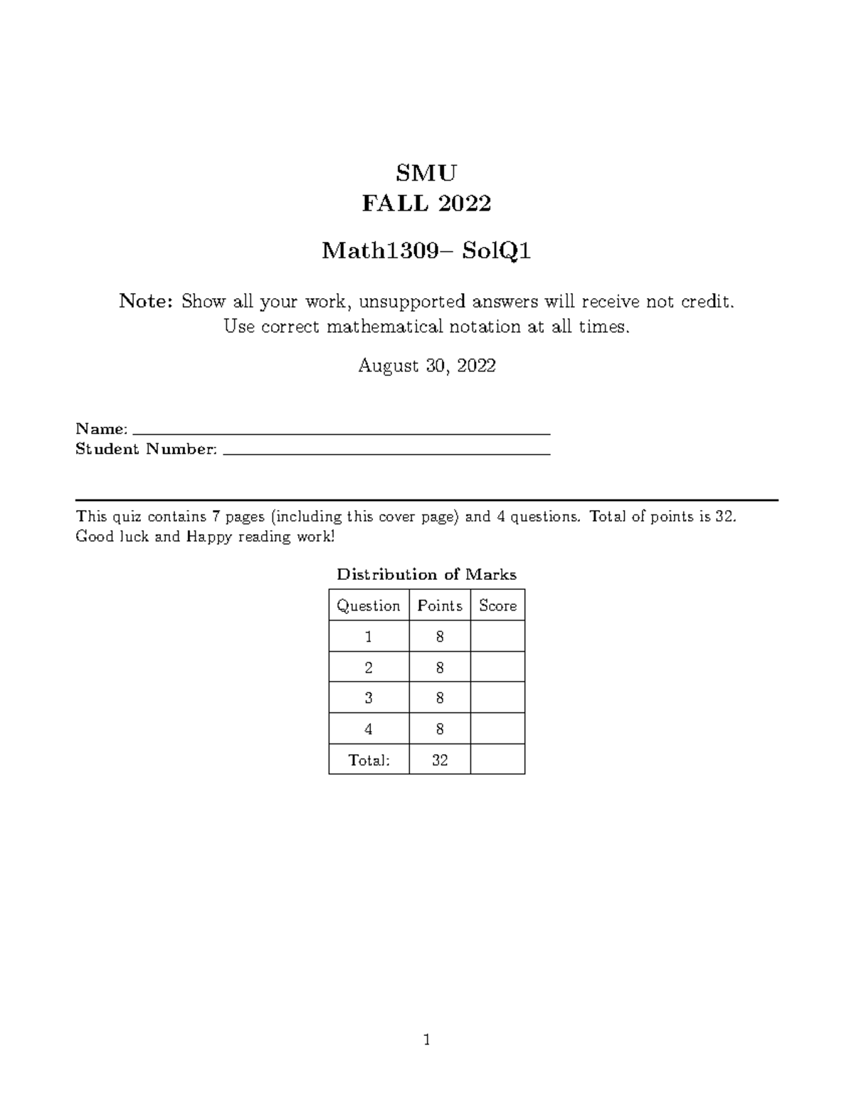 Solution to Quiz 1 - SMU FALL 2022 Math1309– SolQ Note: Show all your ...