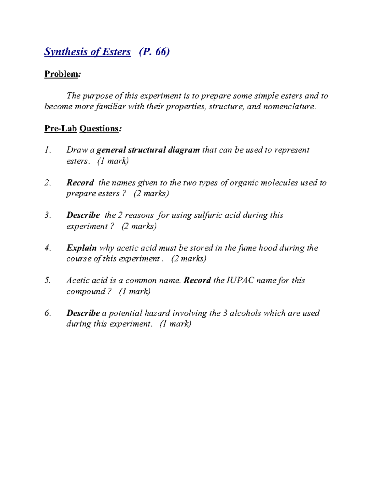 Synthesis of Esters Lab Experiment (P. 66) - Studocu