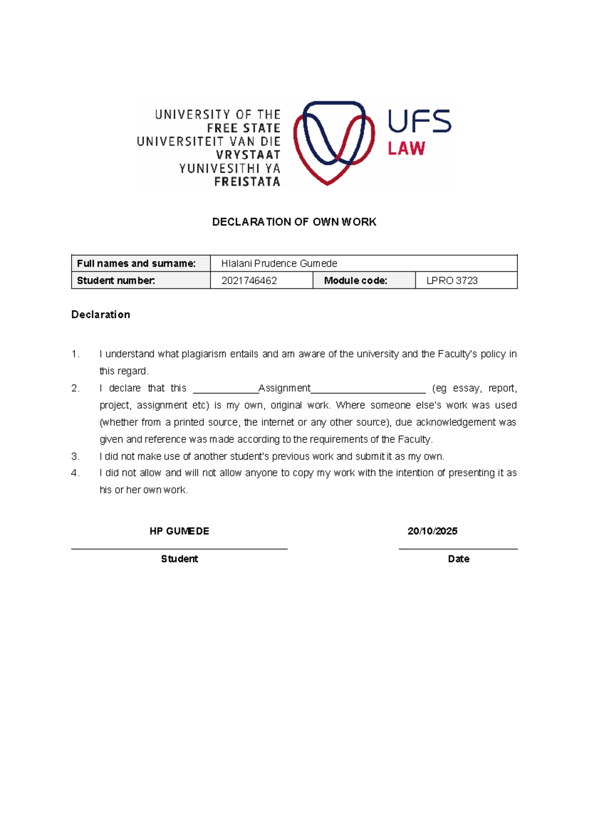 LPRO 3723 Law of Property Assignment: Declaration and Analysis - Studocu