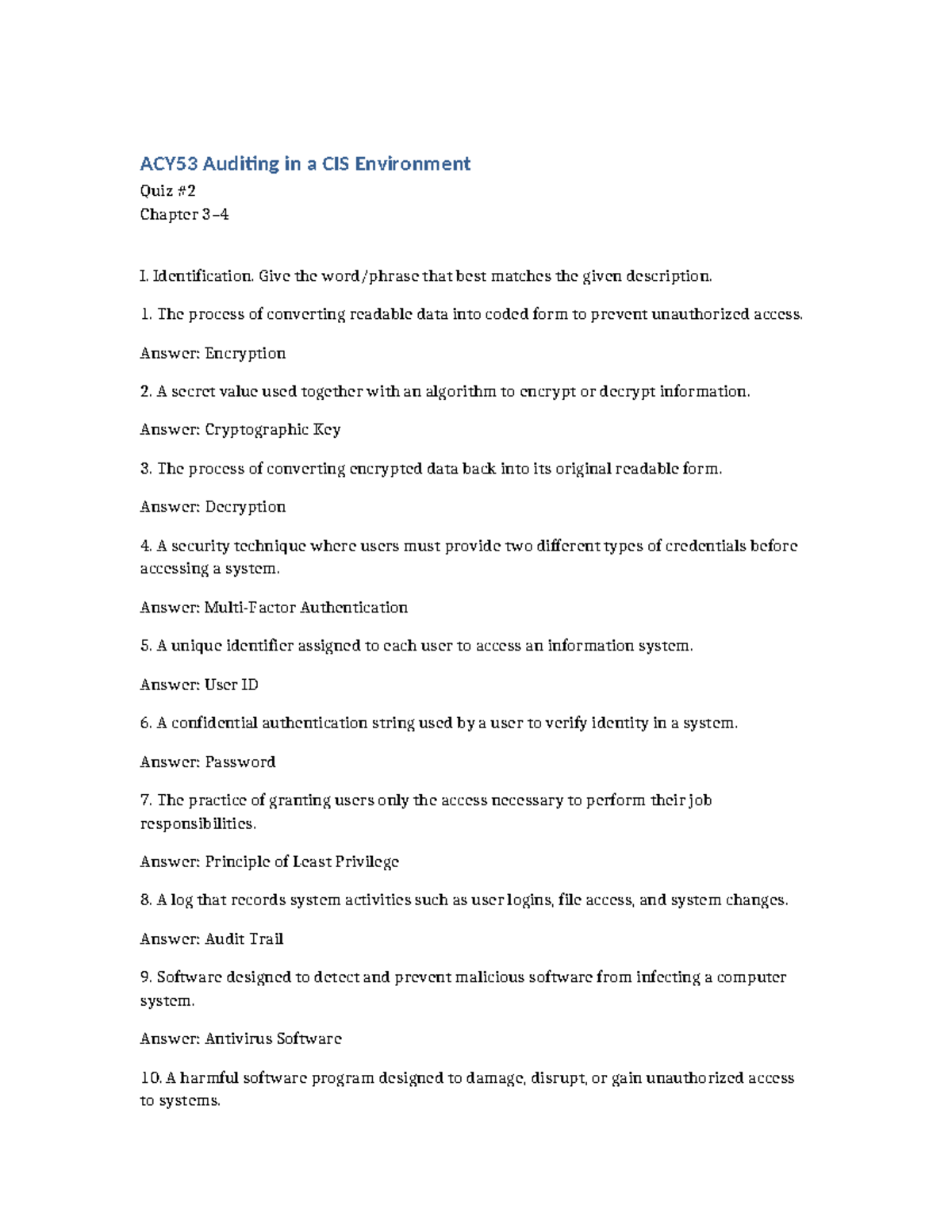 ACY53 Auditing in a CIS Environment Quiz Chapter 3-4 Identification ...