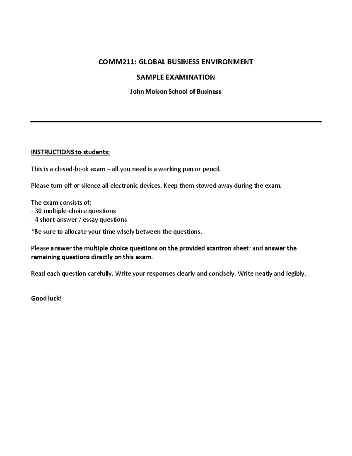 COMM211: Global Business Environment Sample Exam - Studocu