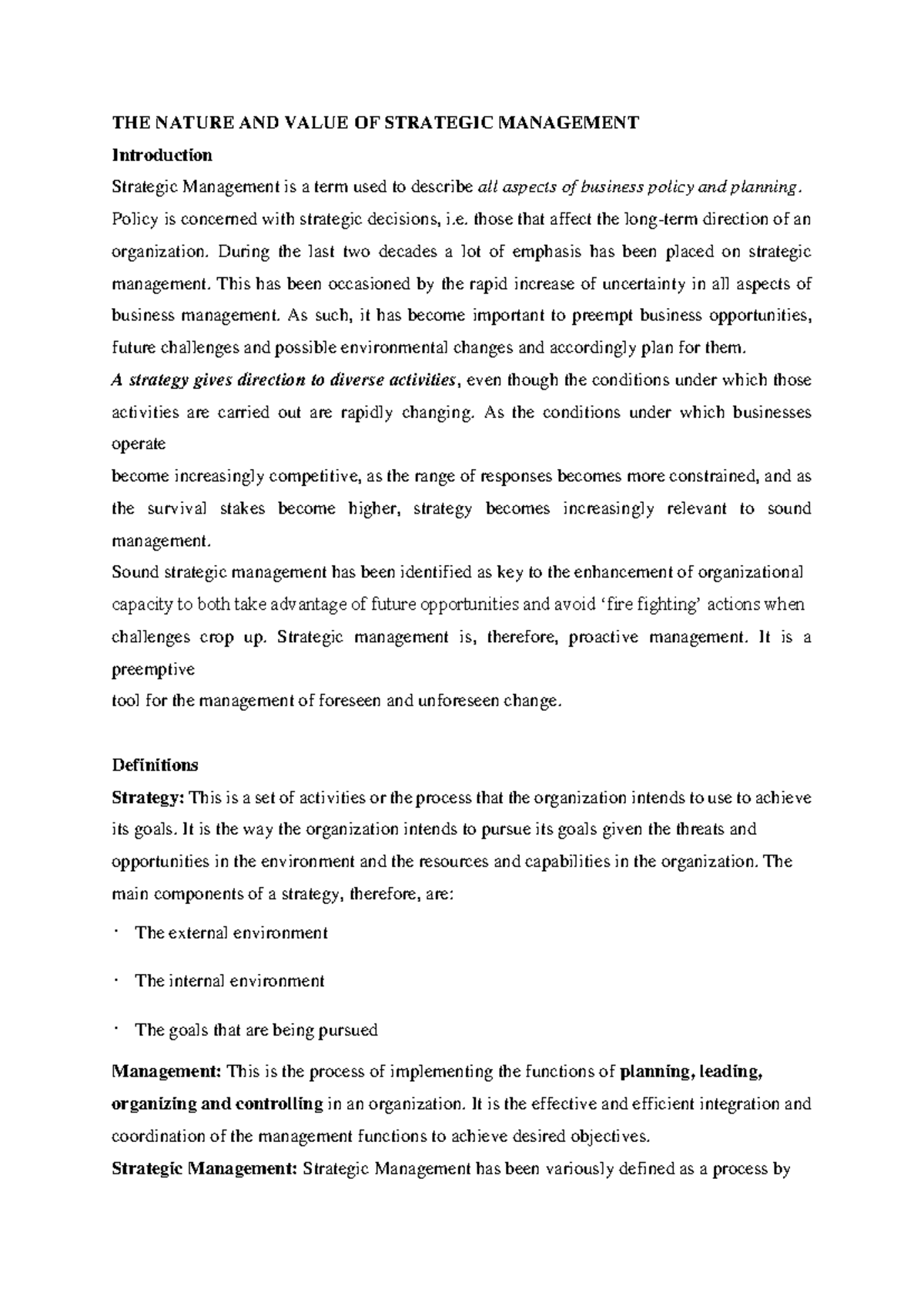 1-THE Nature AND Value OF Strategic Management - THE NATURE AND VALUE ...