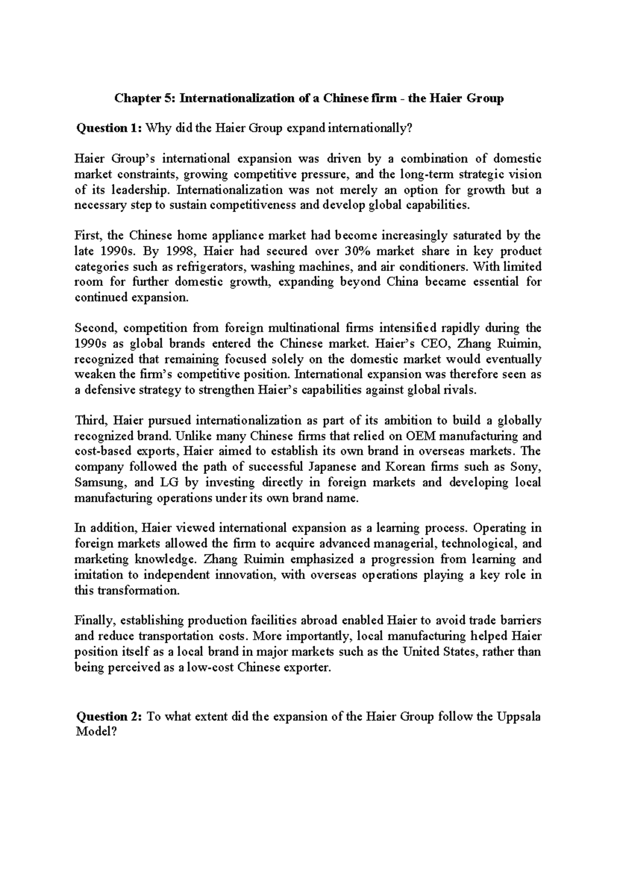 Chapter 5: Internationalization Strategies of Haier Group - Studocu