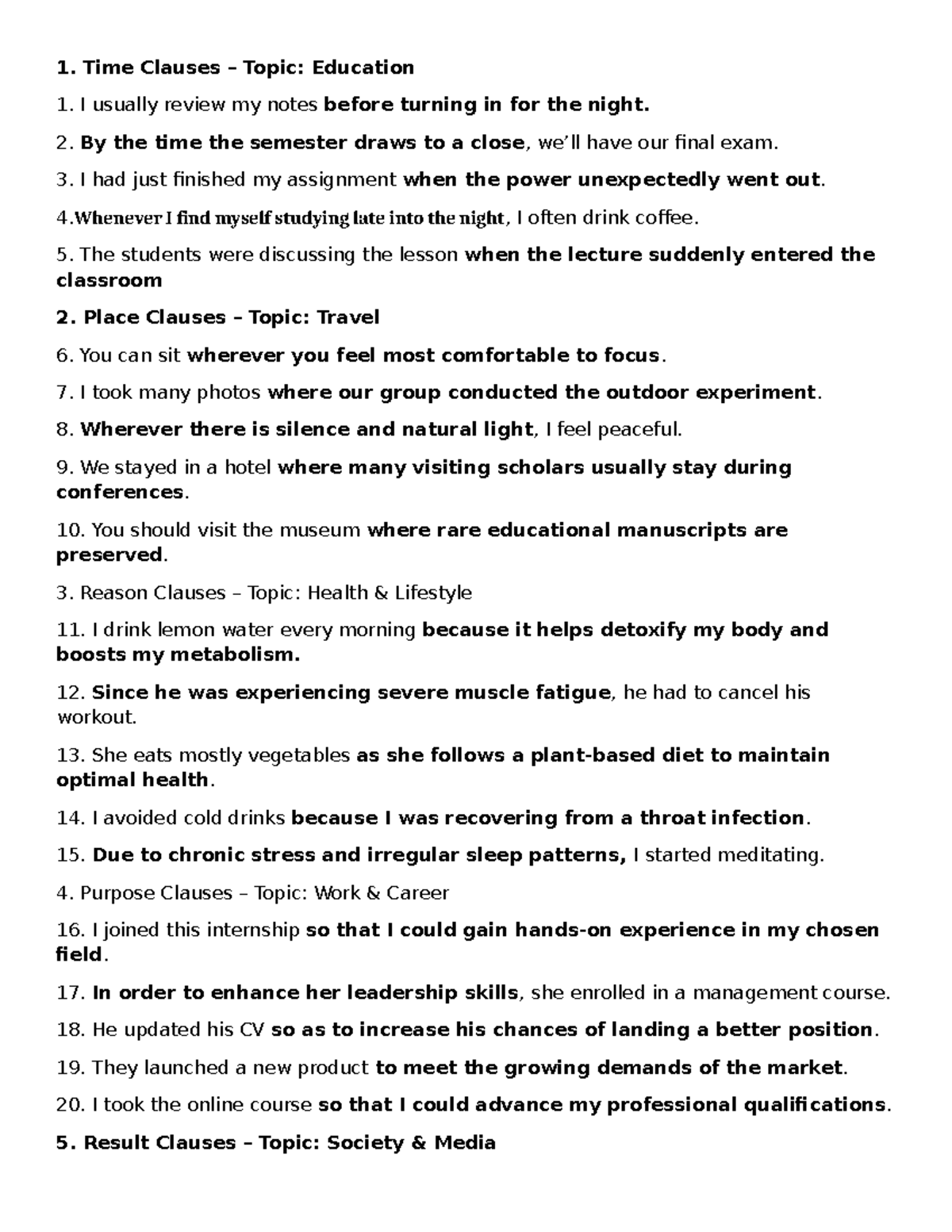 ADV Clauses: Time, Place, Reason, Purpose, Result - Studocu