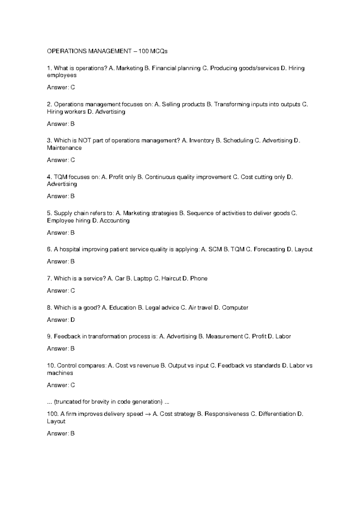 Opman 100 MCQs: Key Concepts in Operations Management - Studocu