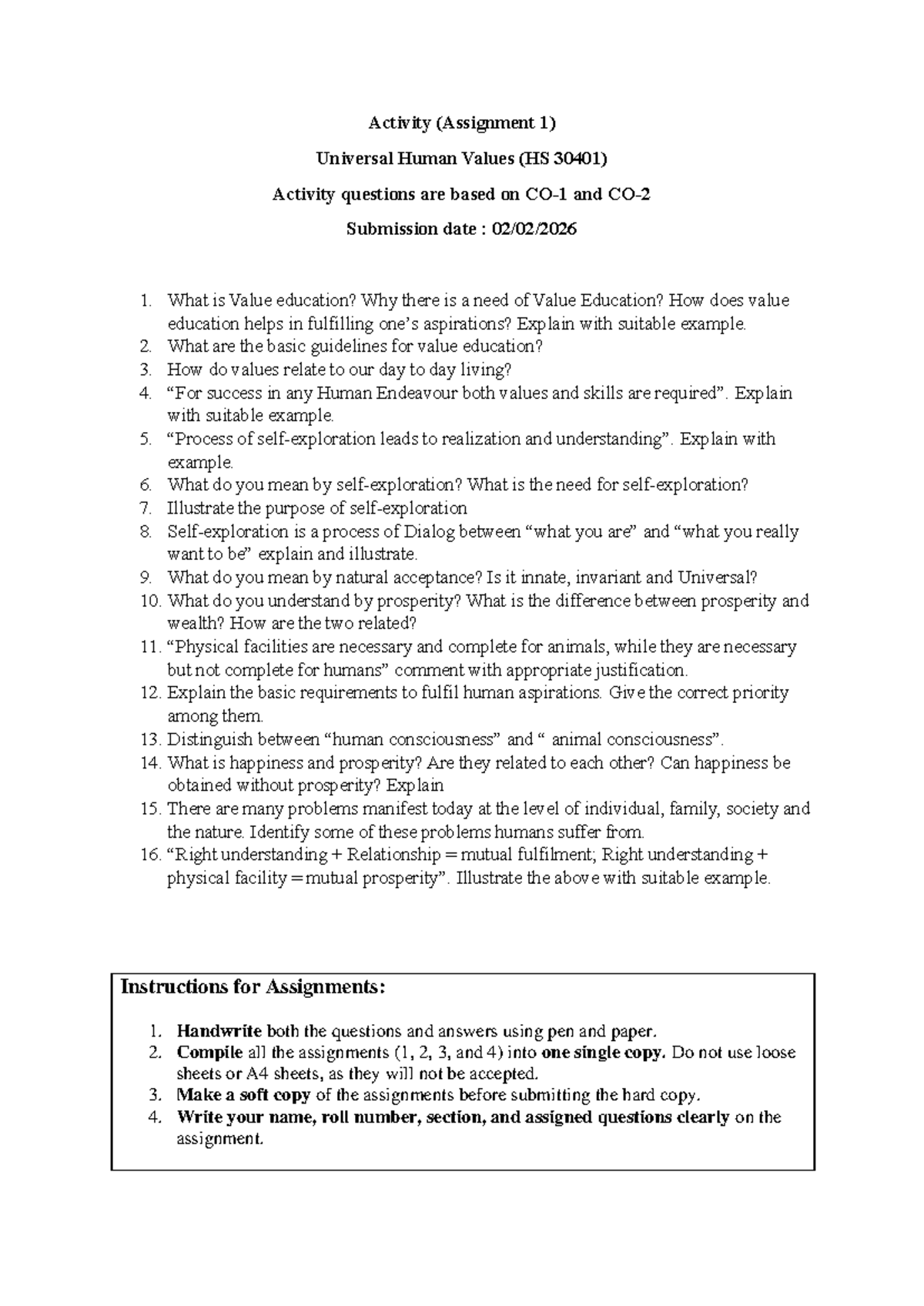 Assignment 1 - Universal Human Values (HS 30401) Notes and Questions ...