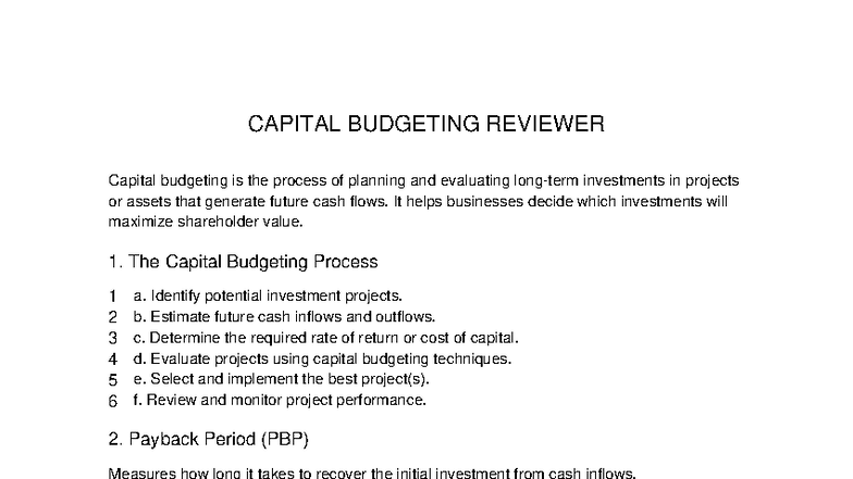 CAPITAL BUDGETING REVIEWER: Key Concepts & Techniques - Studocu