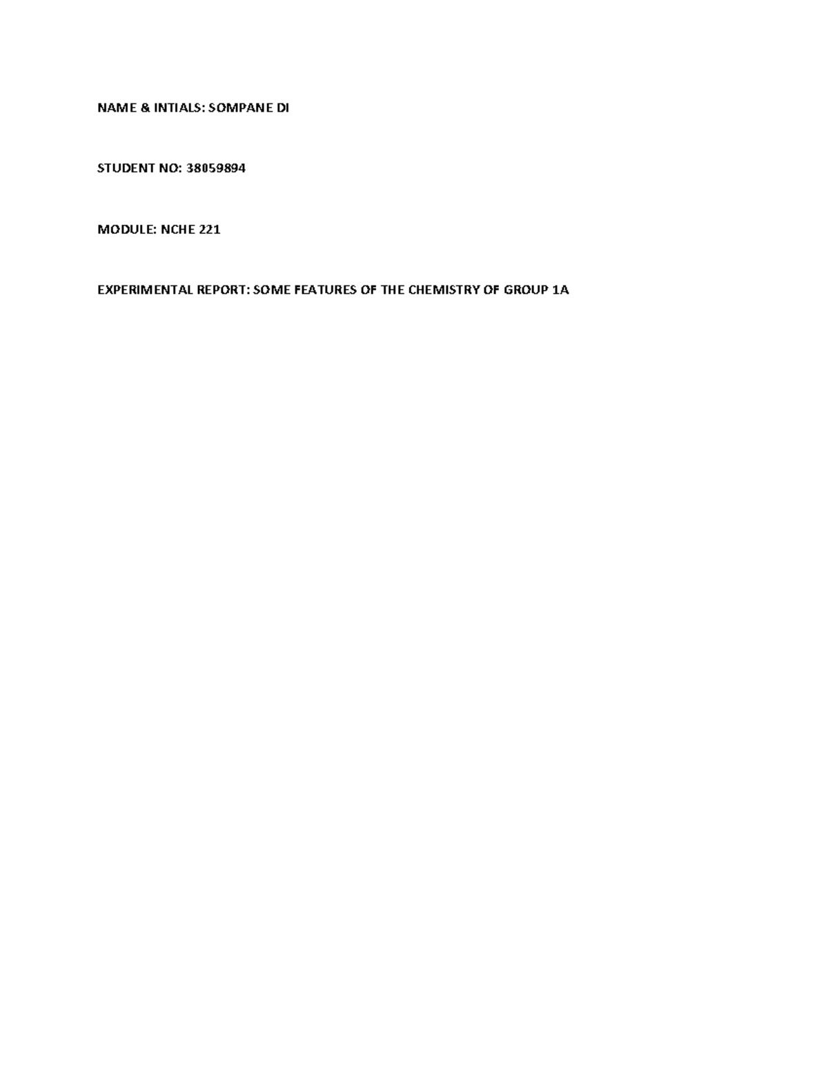 Nche 221 exp1 - nche 221 exp1.pdf - NAME & INTIALS: SOMPANE DI STUDENT ...