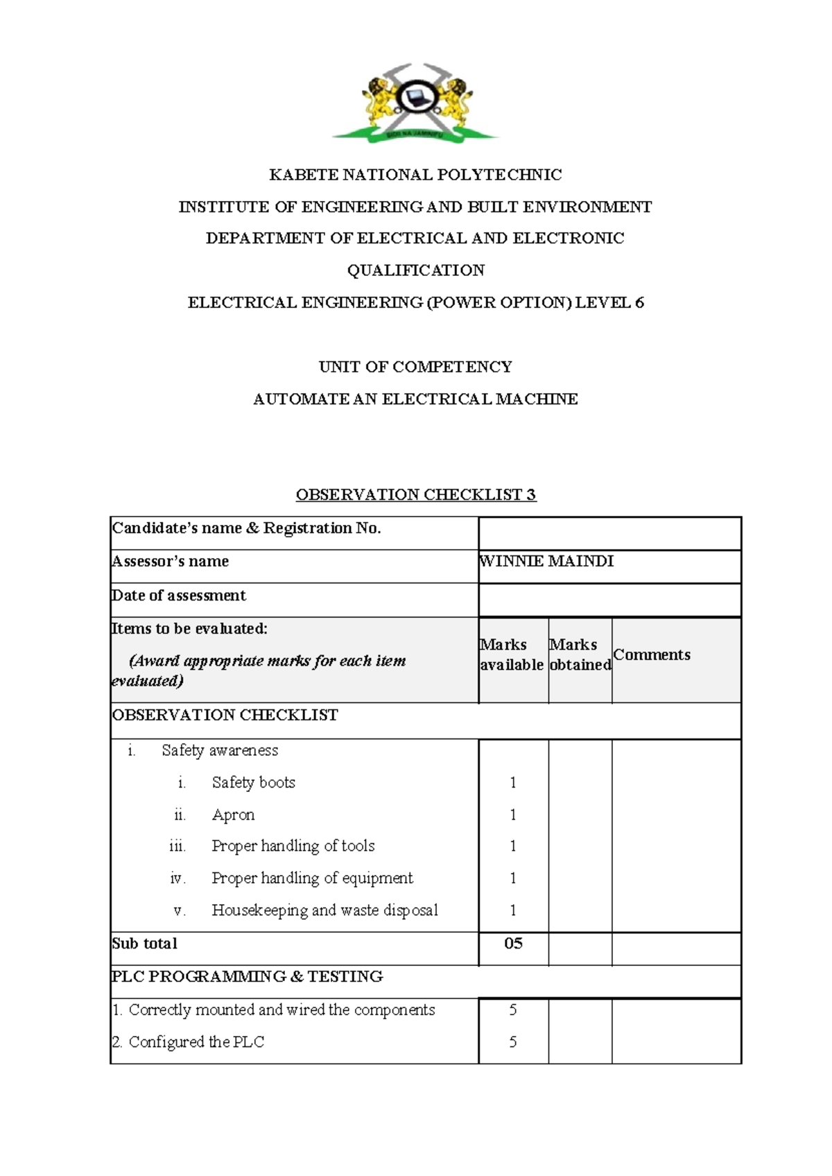 Automate an Electrical Machine Prac 3 Checklist - Electrical Eng. Level ...