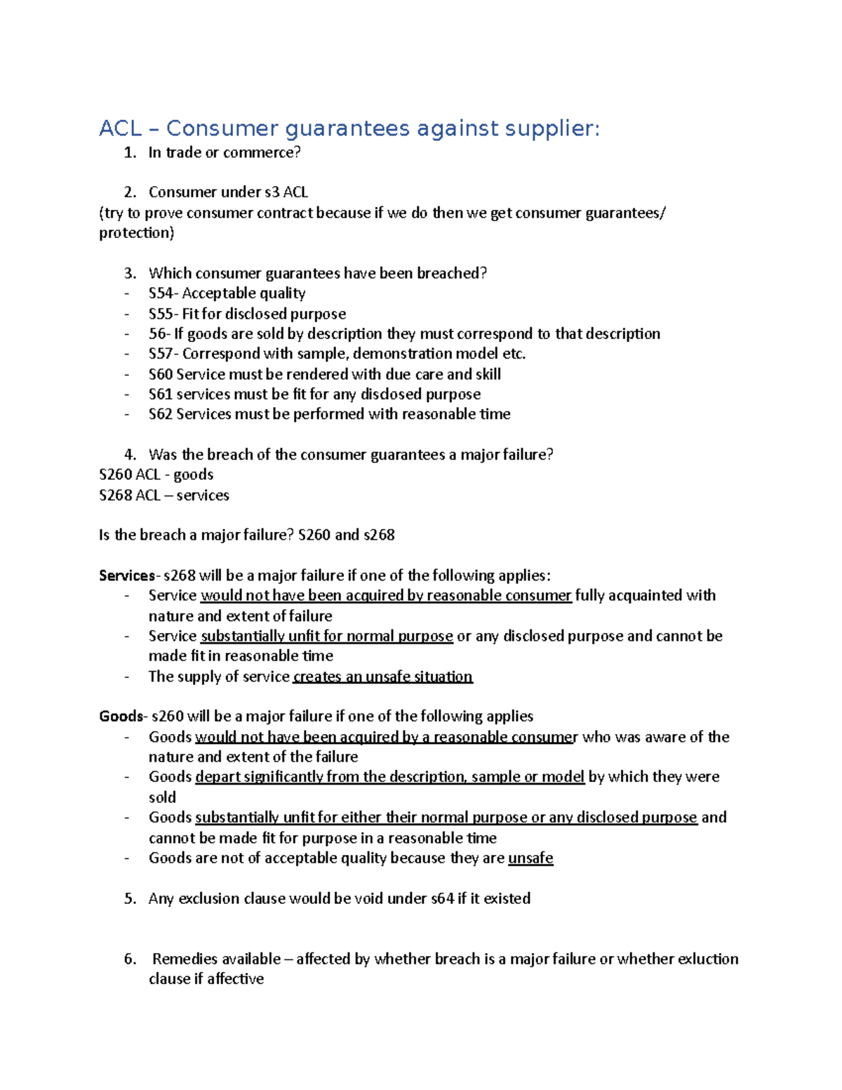 ACL Legal Framework: Consumer Guarantees & Manufacturer Liability - Studocu