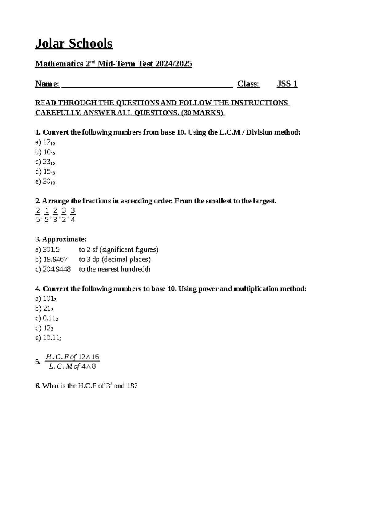 Maths Test JSS1: 2nd Test Questions and Instructions - Studocu