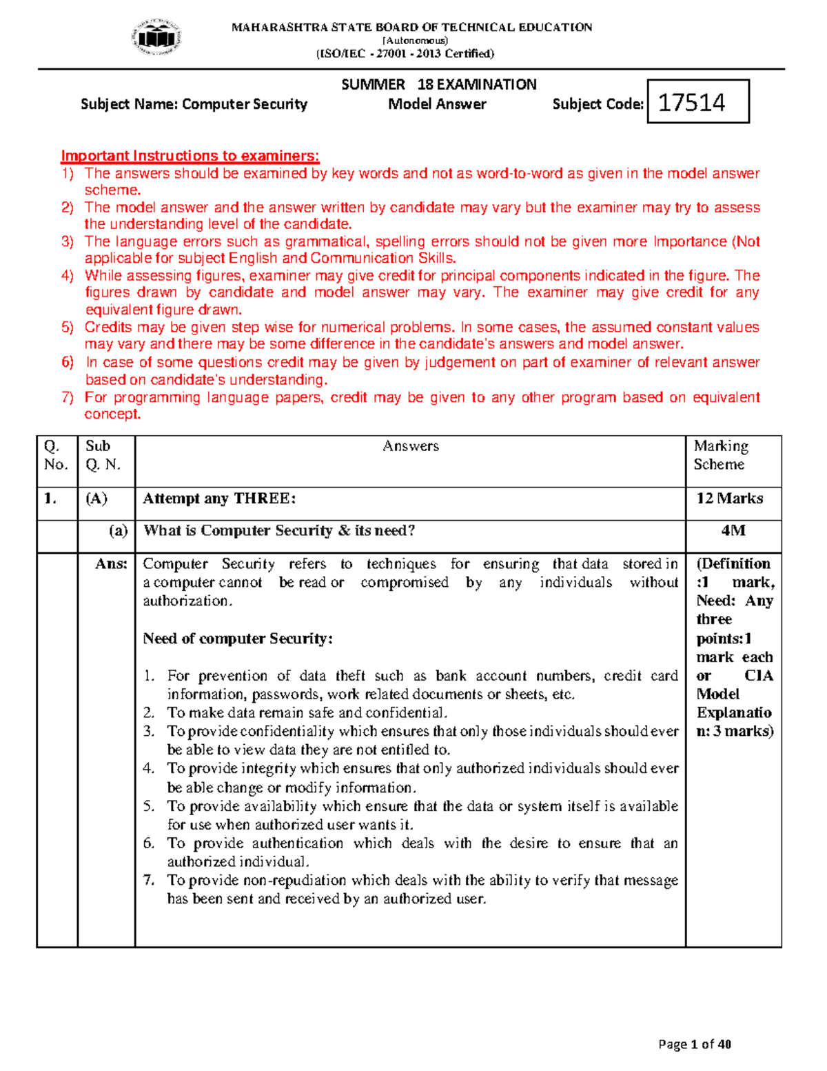 NIS S-18 Model Answer Paper for Computer Security Exam (Subject Code ...