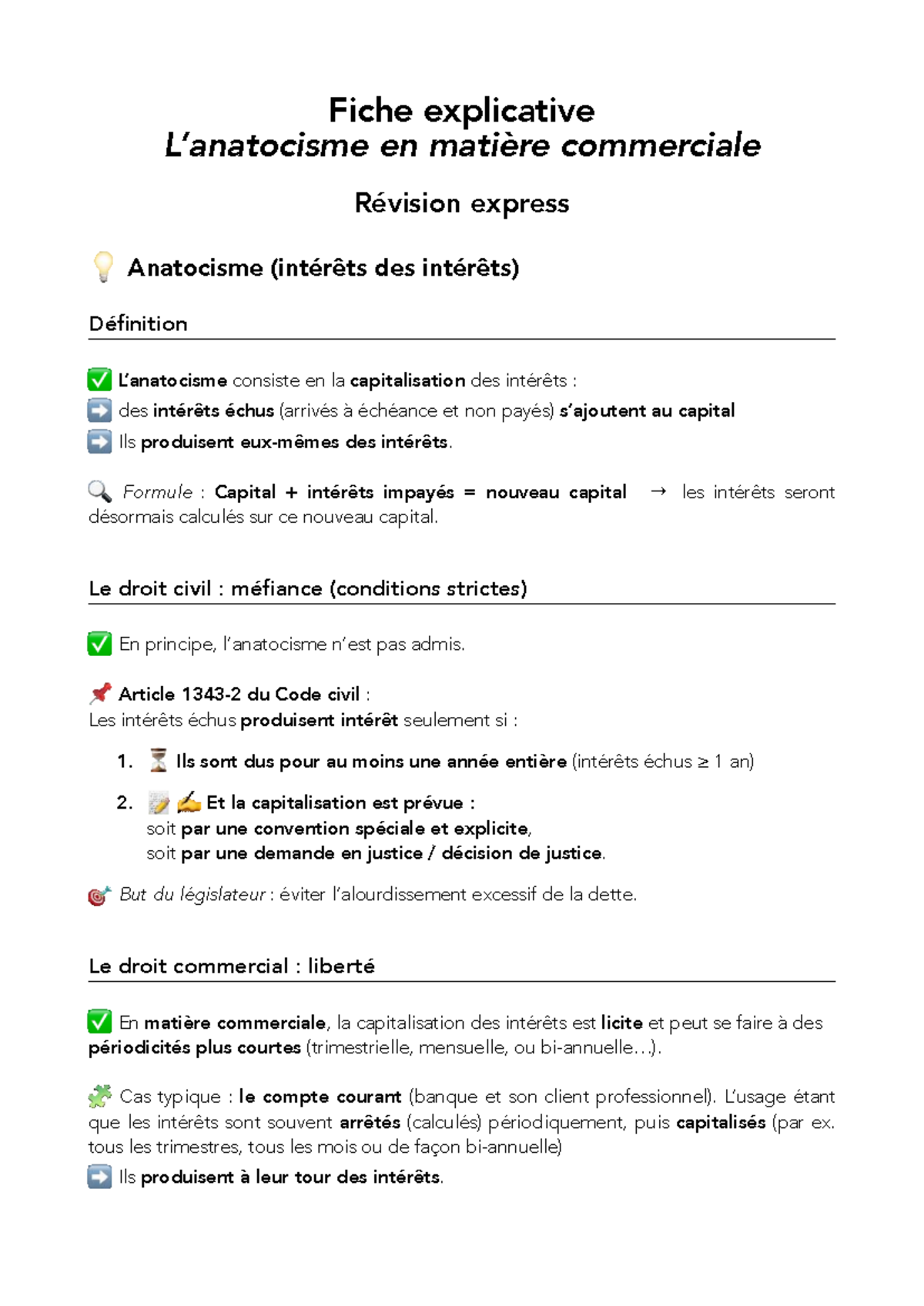 Fiche Explicative sur l'Anatocisme en Droit Commercial - Studocu
