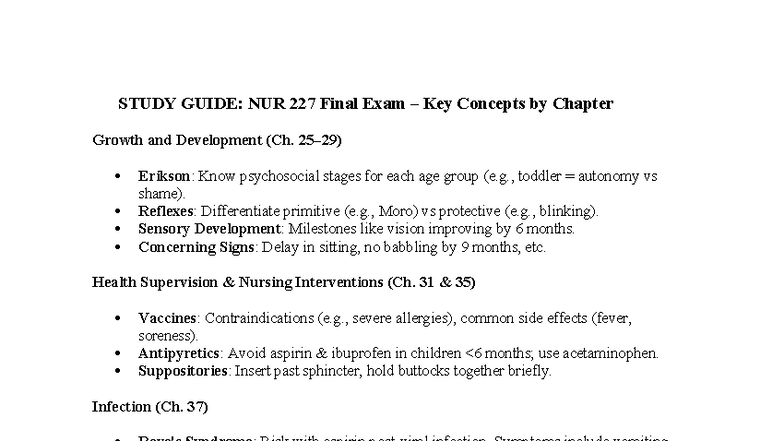 NUR 227 Final Exam Study Guide: Key Concepts in Pediatric Care - Studocu