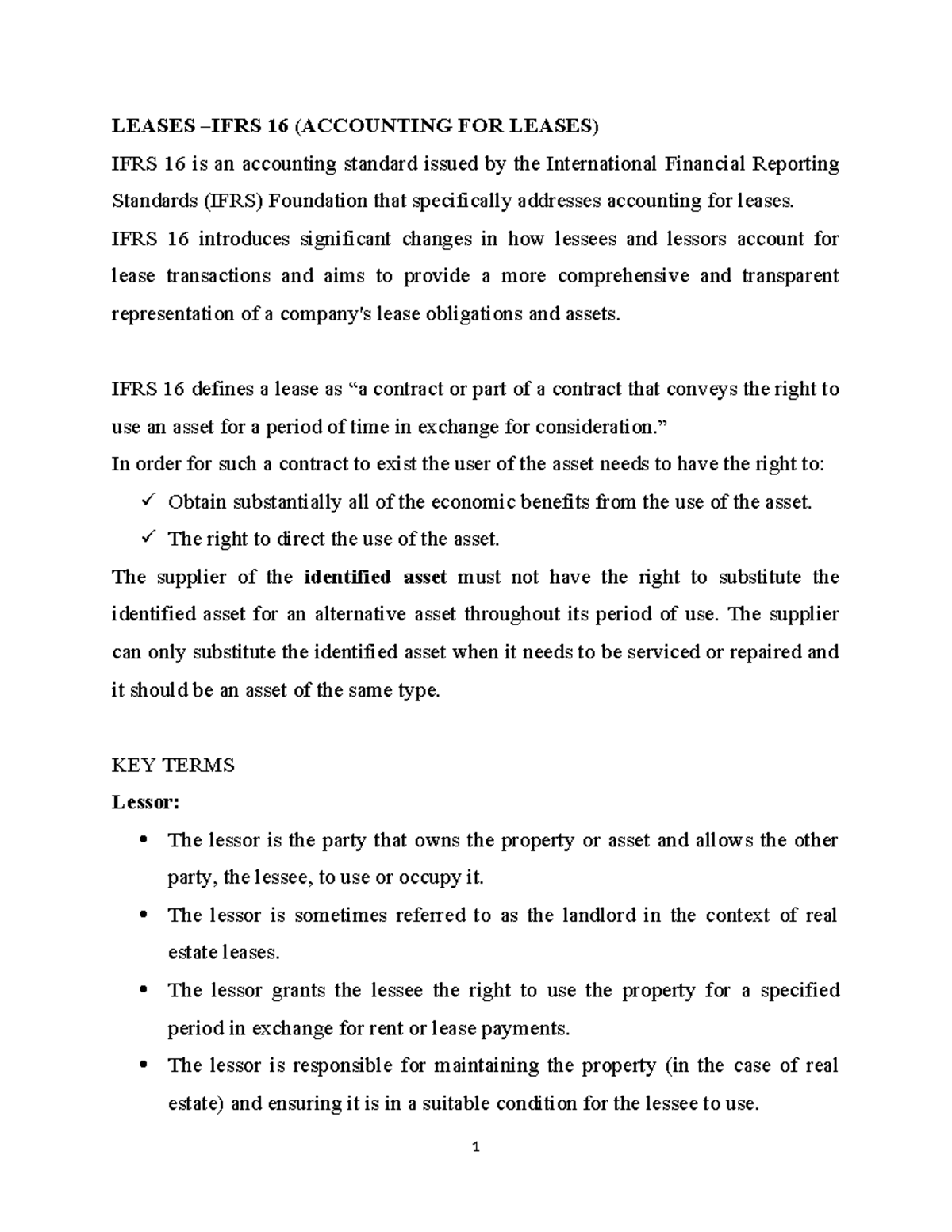 Leases 16: Accounting for Leases Under IFRS 16 - Lecture Notes - Studocu