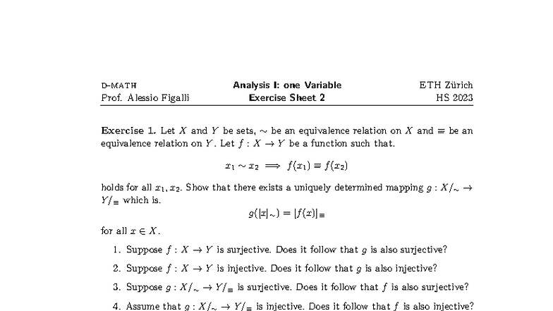 Analysis I: One Variable Exercise Sheet 2 ETH Zürich HS 2023 - Studocu