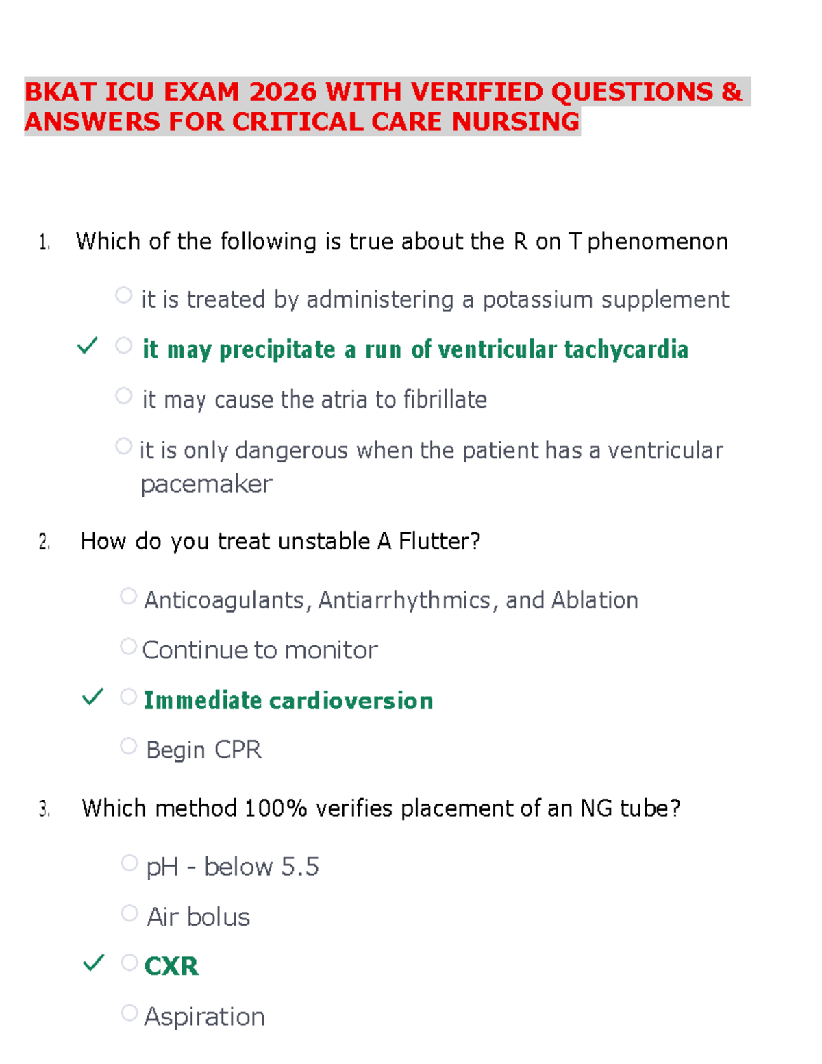 BKAT ICU FINAL EXAM 2026: CRITICAL CARE NURSING Q&A - Studocu