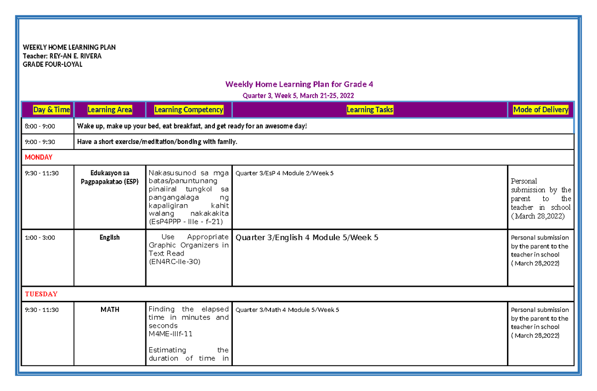 Grade 4 Weekly Home Learning Plan (WHLP) - Quarter 3, Week 5 - Studocu