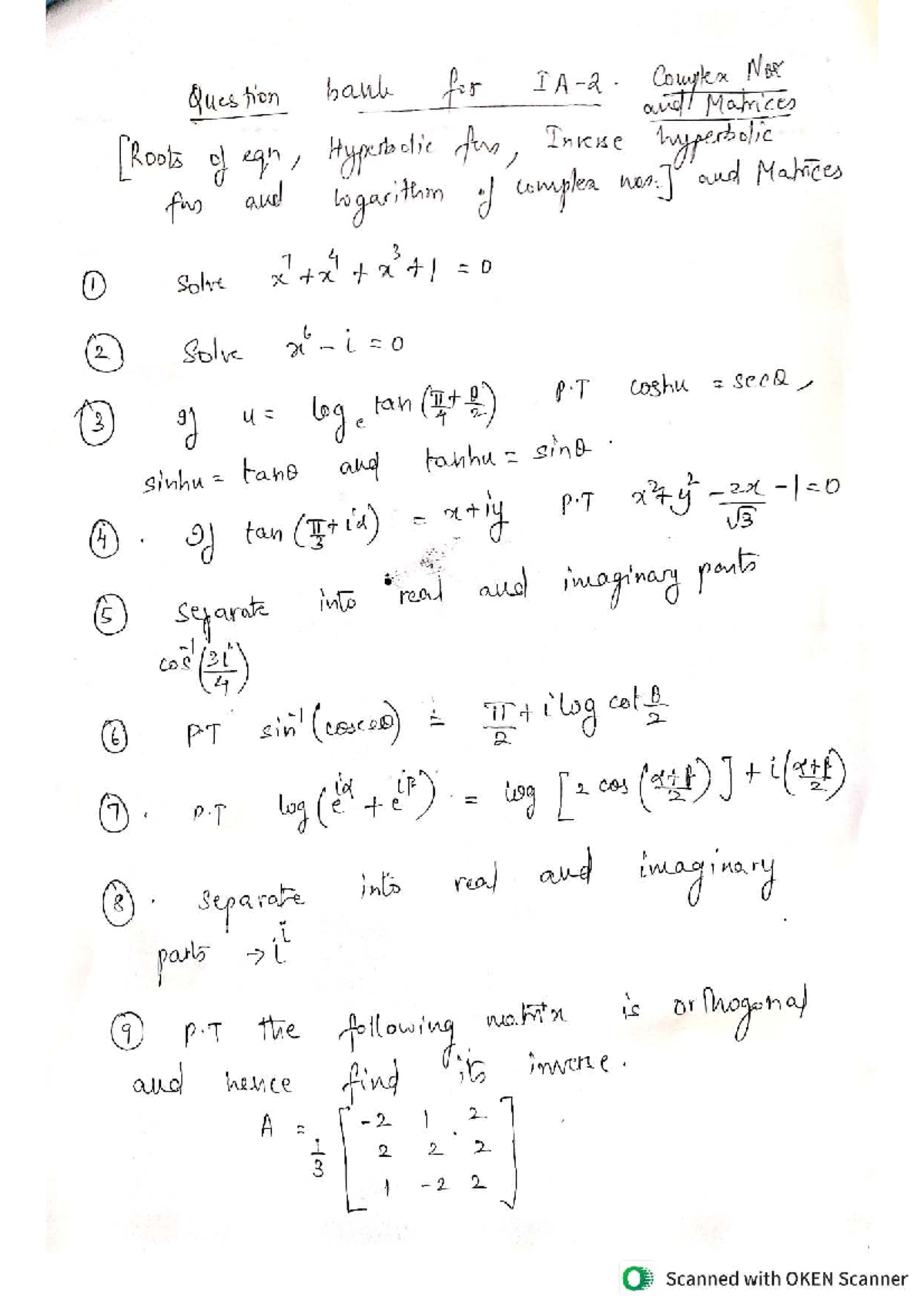Question Bank (IA-2): Complex Numbers & Matrices Problems - Studocu