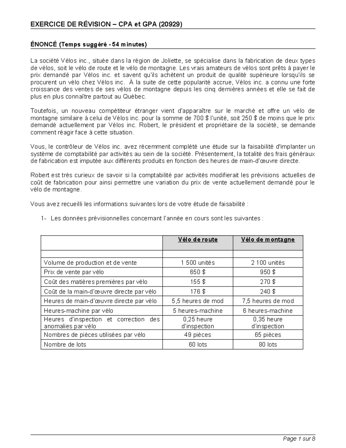 Exercice de Révision CPA et GPA (20929) - Étude de Cas Vélos Inc. - Studocu