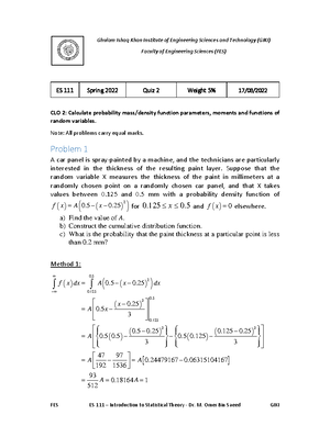 Quiz 3 Solutions for ES 111 - Statistical Theory (Spring 2022) - FES ES ...
