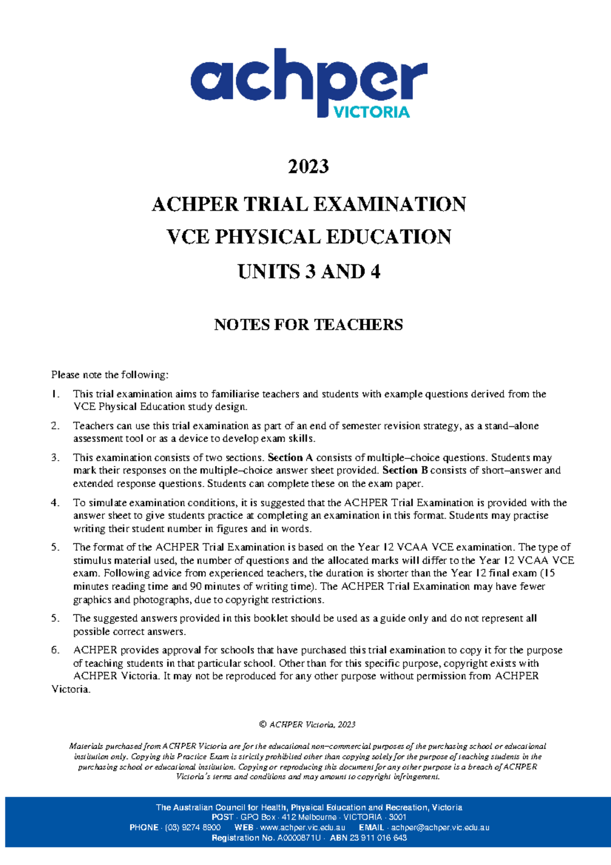 2023 ACHPER VCE PE Units 3 & 4 Trial Exam Answers - Studocu
