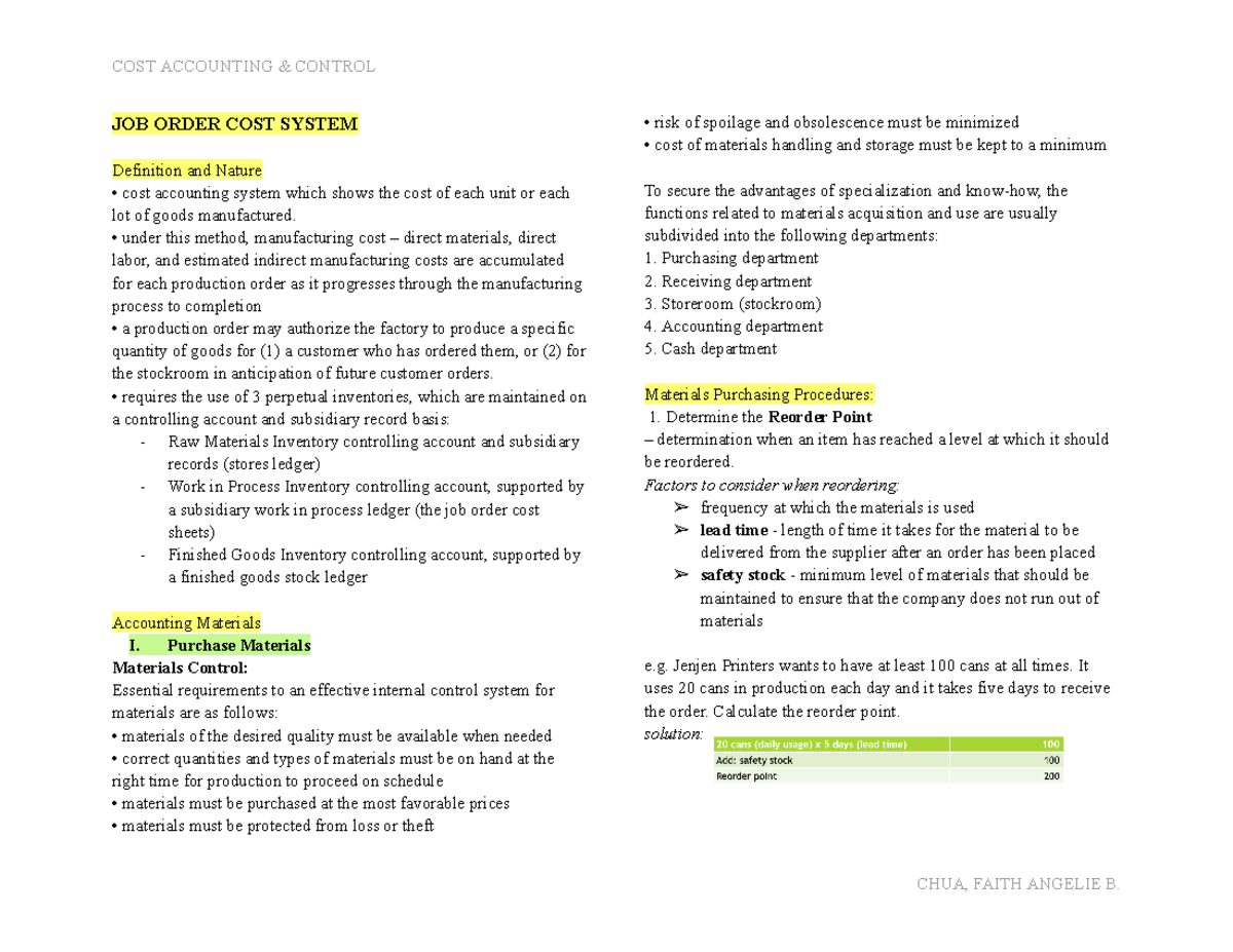 JOB Order COST System: Overview and Key Components - Studocu