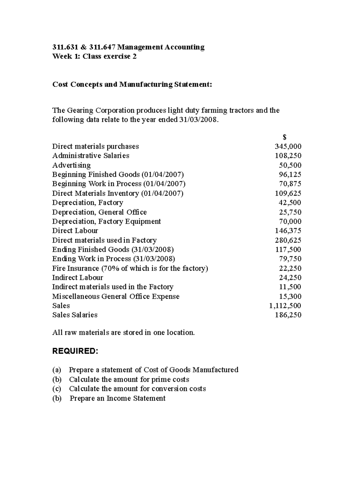 311.631 Week 1- Class exercise 2 - 311 & 311 Management Accounting Week ...