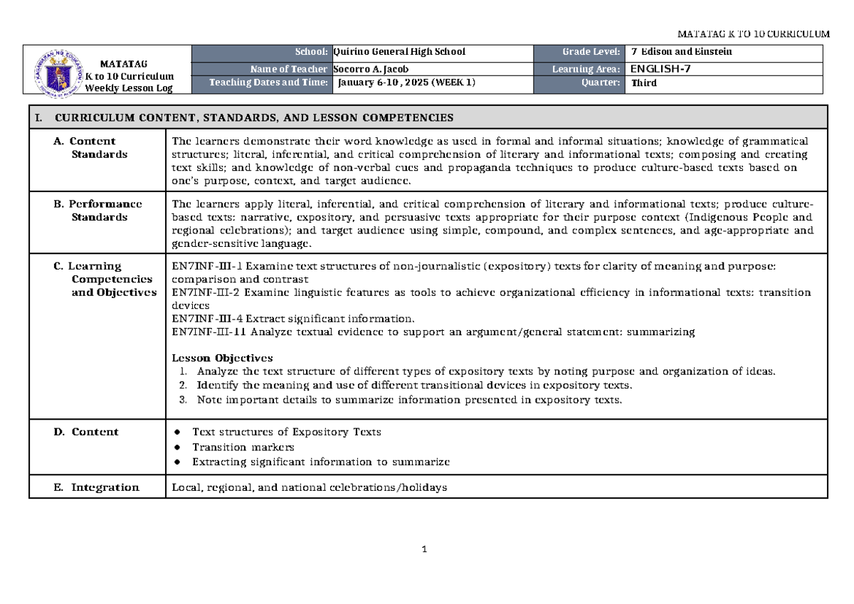 DLL Matatag English 7 Q3 W1 Jan 6-10, 2025 - MATATAG K to 10 Curriculum ...