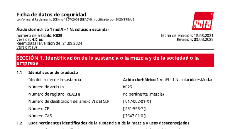 SDB K025 ES - Ficha de Datos de Seguridad de Ácido Clorhídrico 1 N