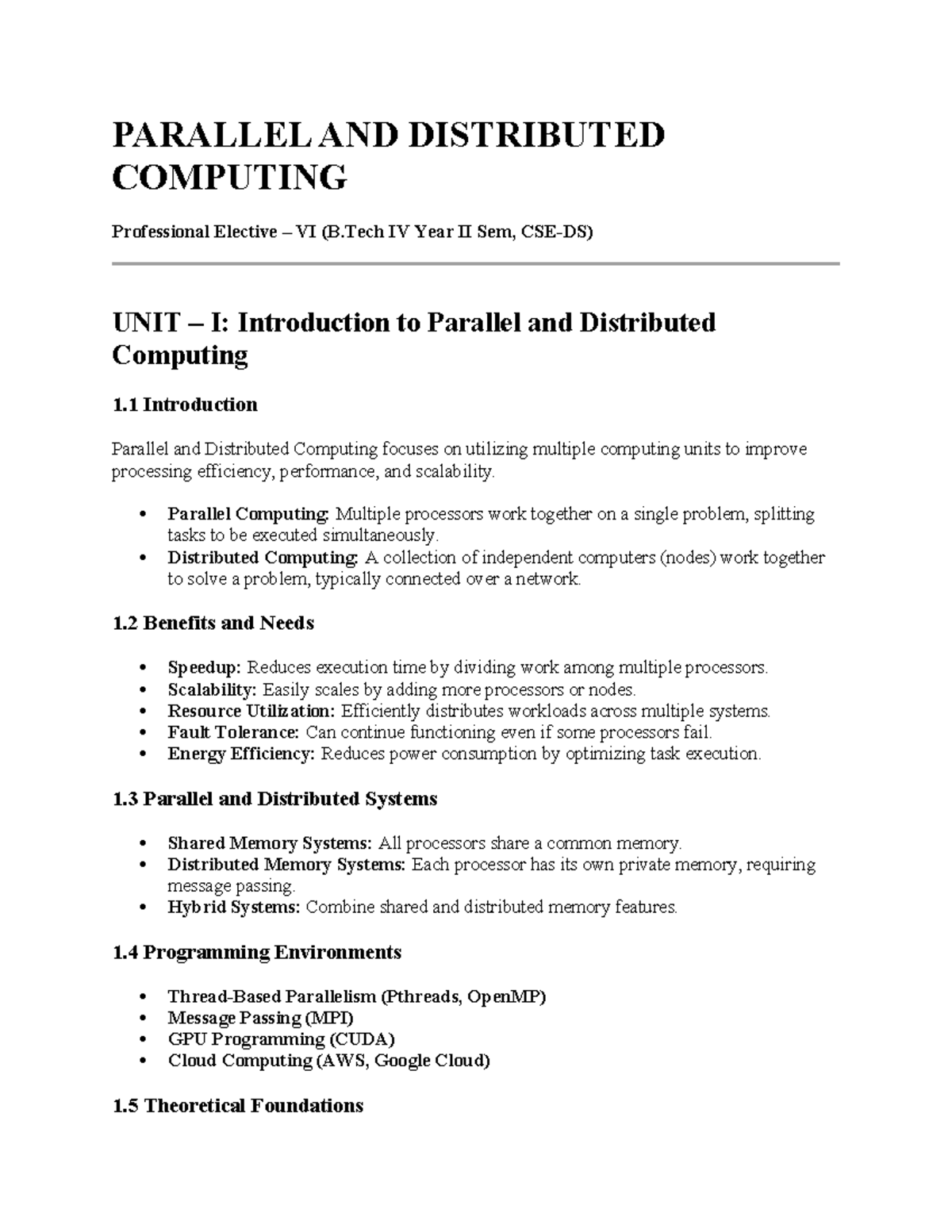 CSE-DS IV Year II Sem: Unit-wise Topics in Parallel & Distributed ...