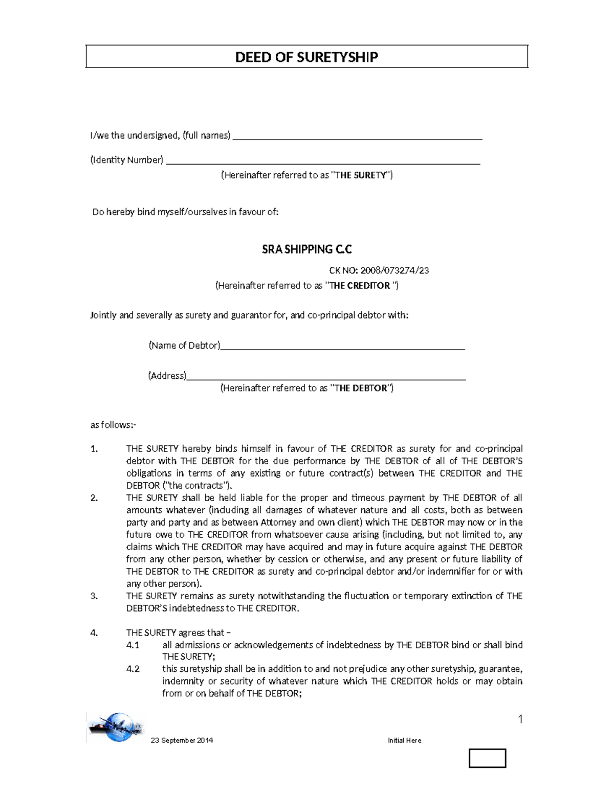 Deed of Suretyship Agreement - SRA SHIPPING C - Studocu