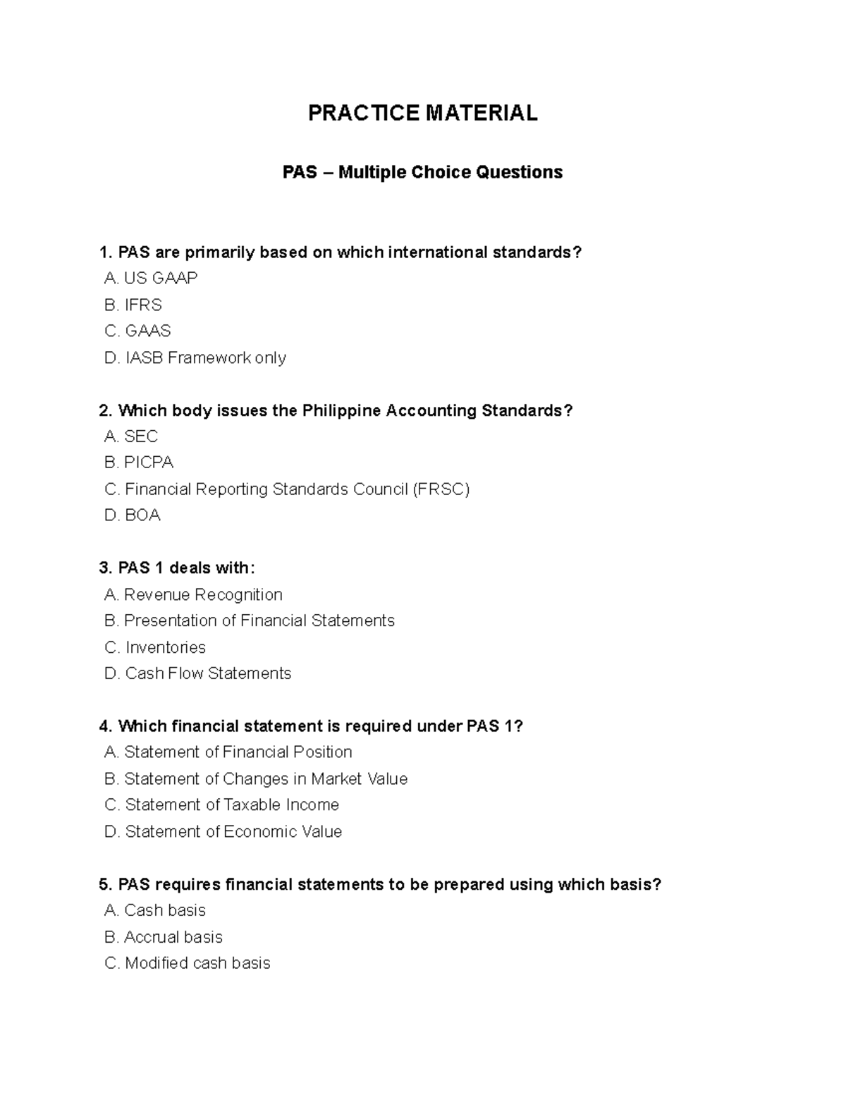 PAS - MCQs Practice Material for Accounting Standards - Studocu