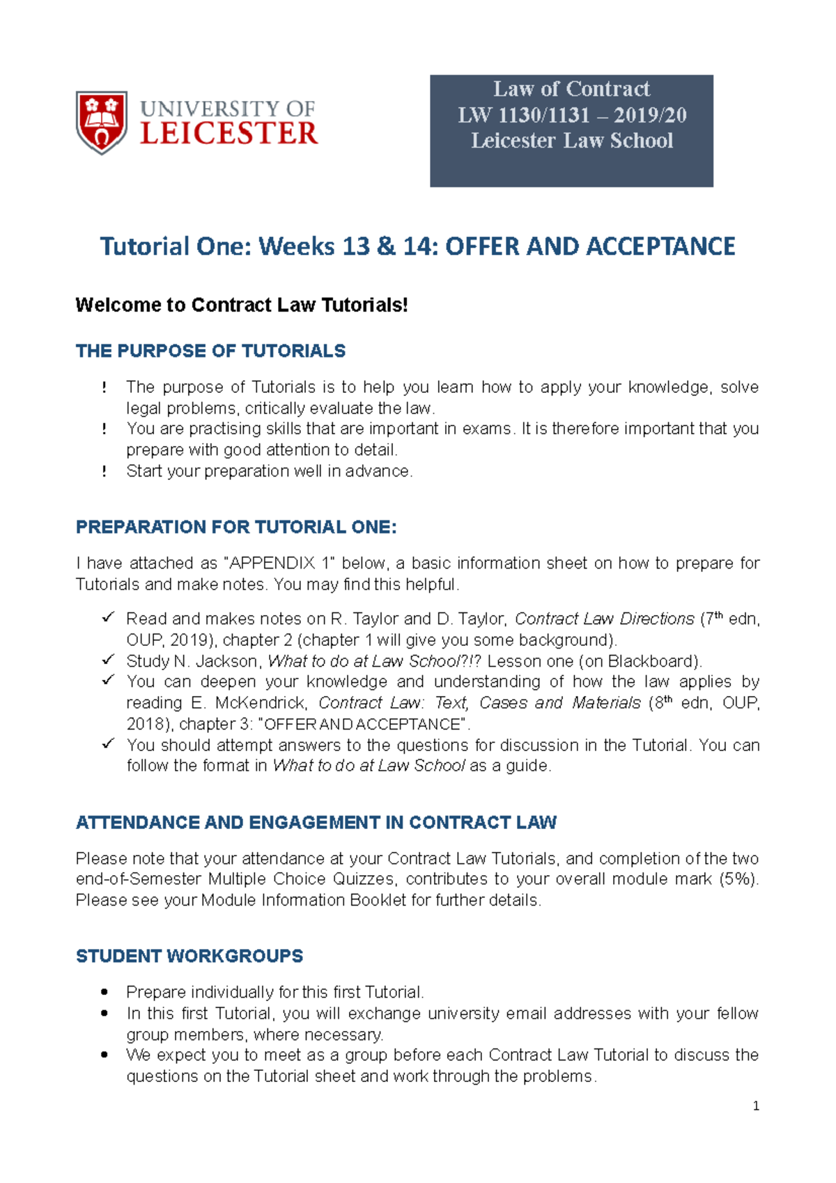 Contract Law 2019-20 Tutorial 1 Offer & Acceptance Introduction to ...