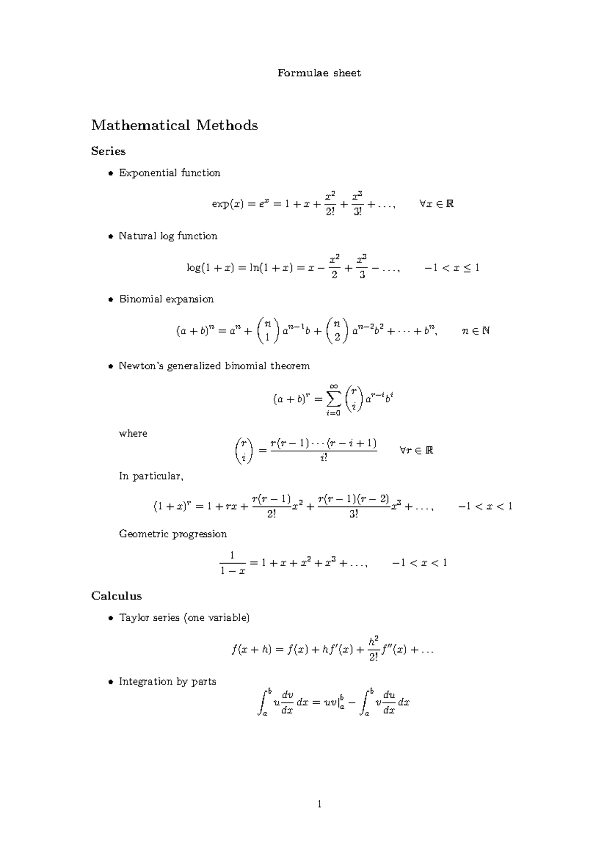 STAT2372 Class Test Formulae Sheet for Mathematical Methods - Studocu