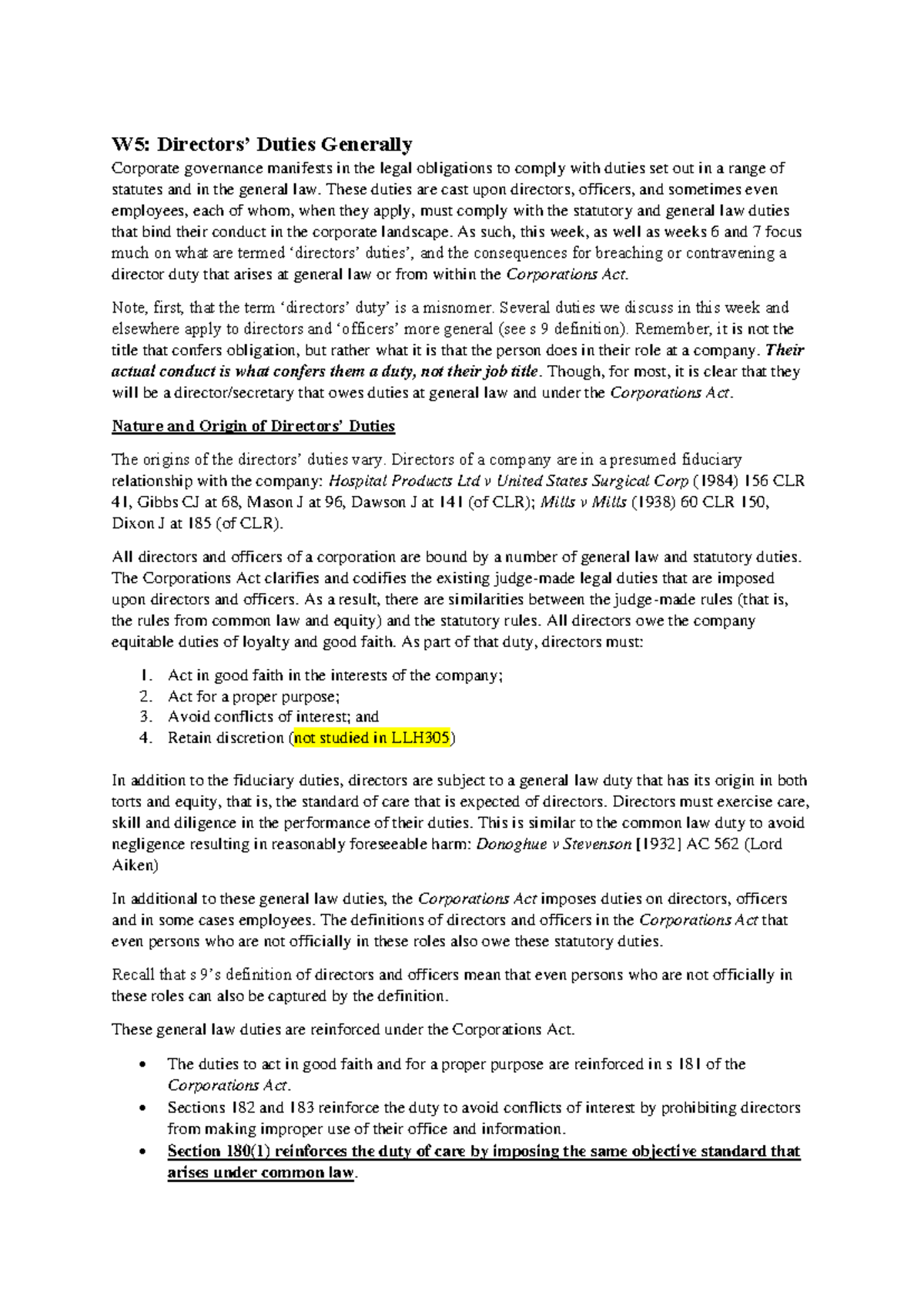 Week 5 - Directors Duties Overview - W5: Directors’ Duties Generally ...