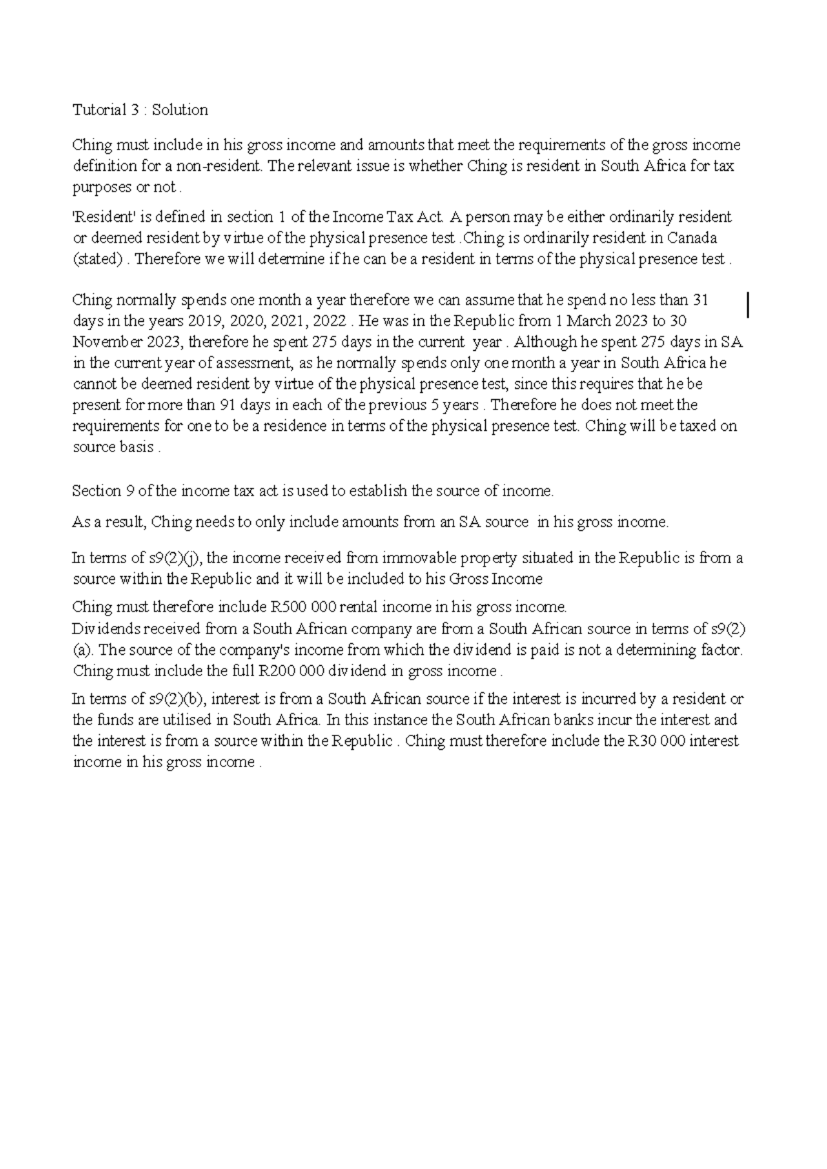 Tax Residency Analysis: Week 3 Tutorial Solutions (Amended) - Studocu
