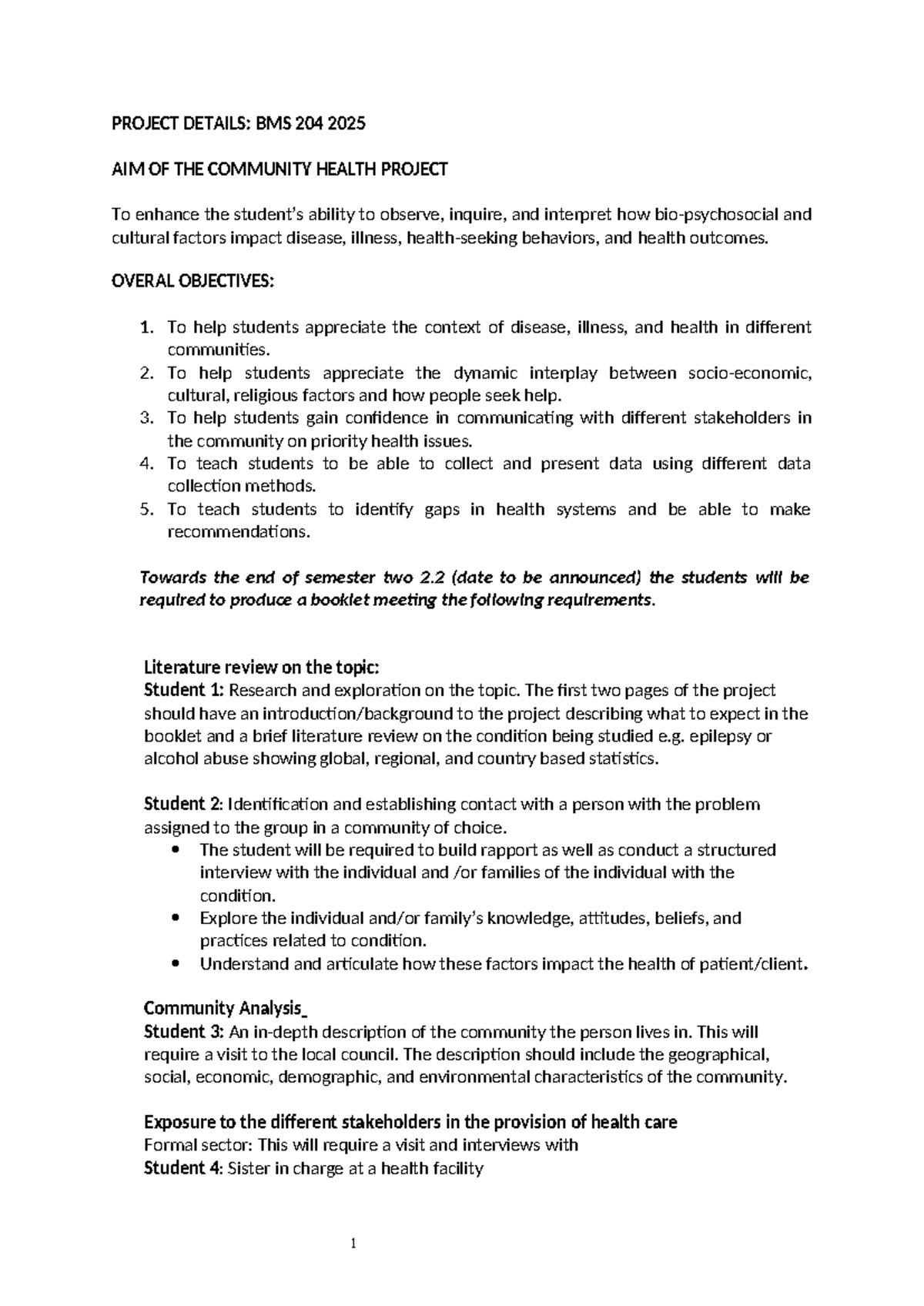 Community Health Project Overview: BMS 204 2025 - Studocu