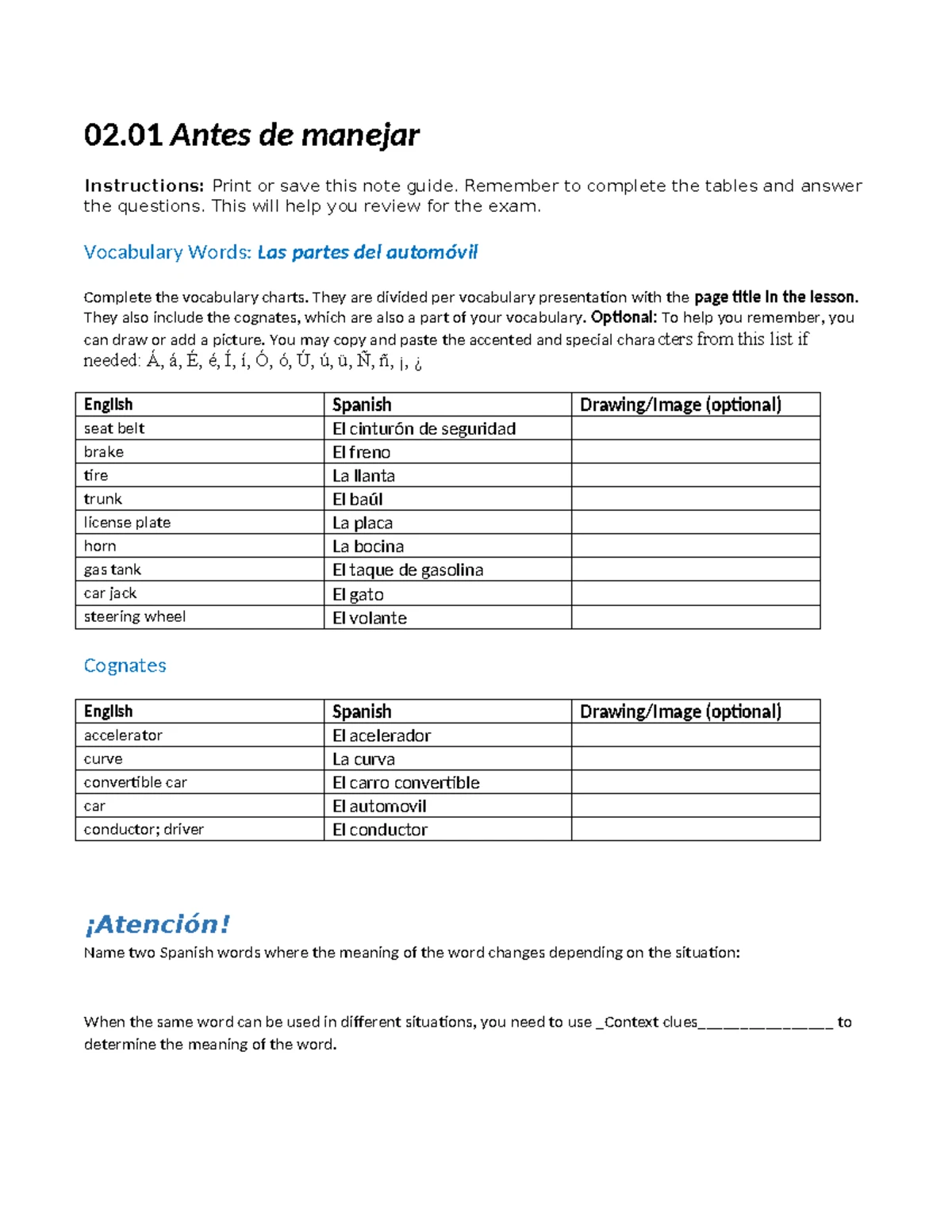 02 - Vocabulary and Grammar Notes for Spanish Class - Studocu