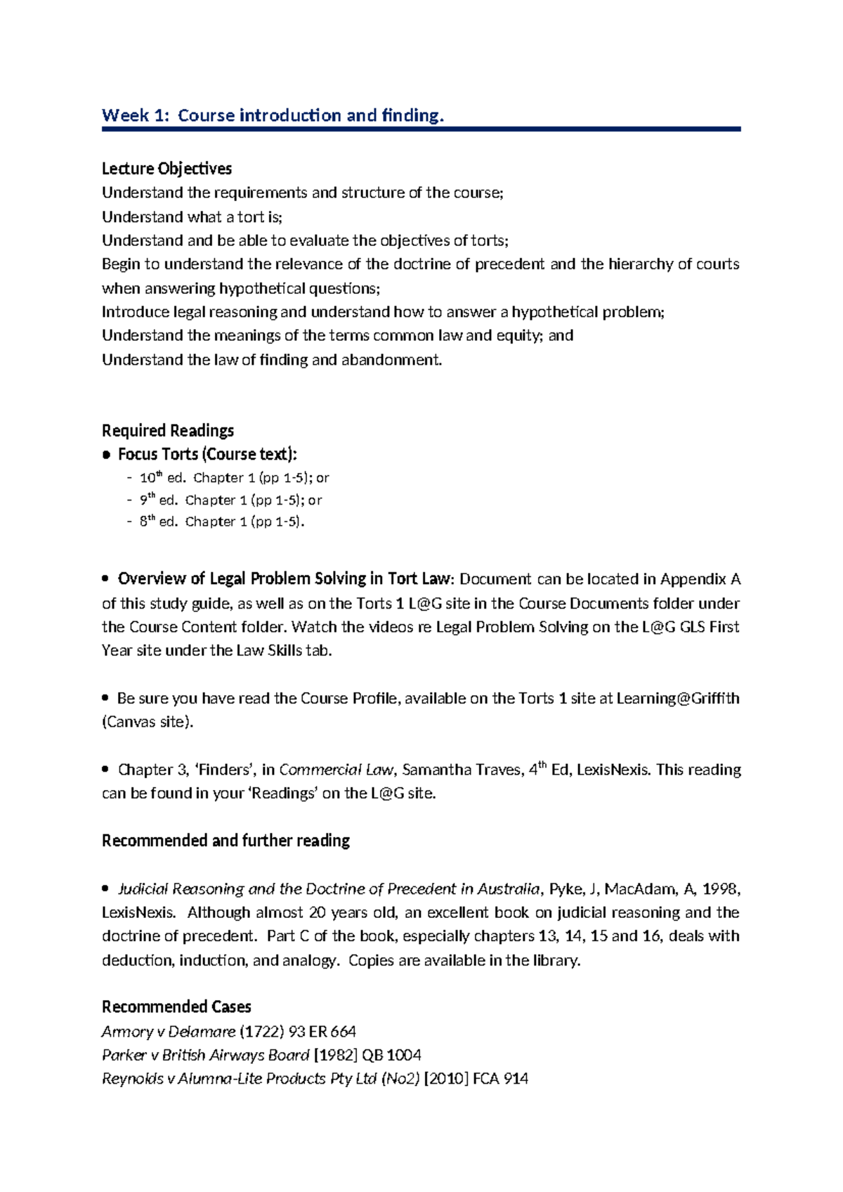 Torts 1: Week 1 Lecture Guide on Legal Concepts and Reasoning - Studocu