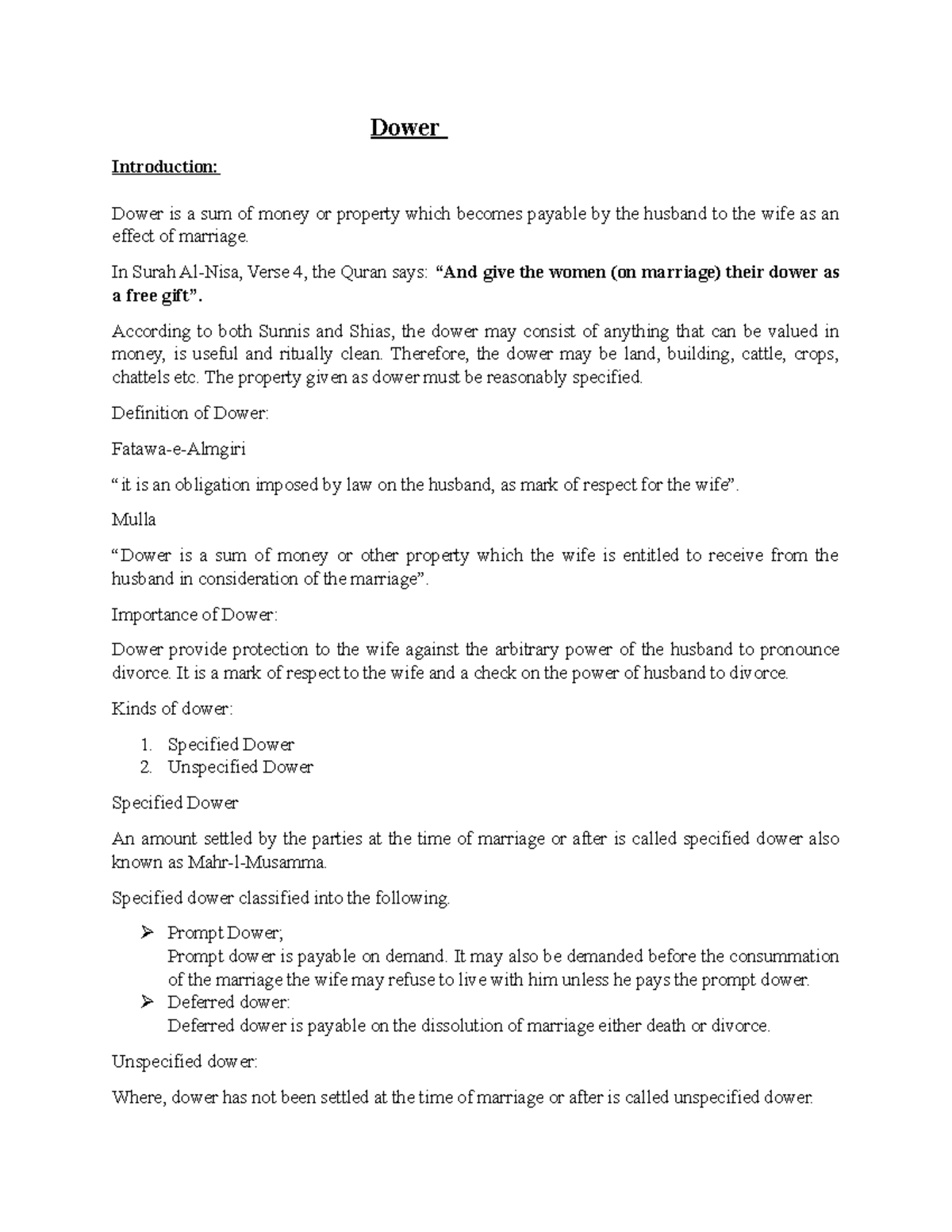 concept of Dower in muslim personal Law - Islamic law - UOG - Studocu