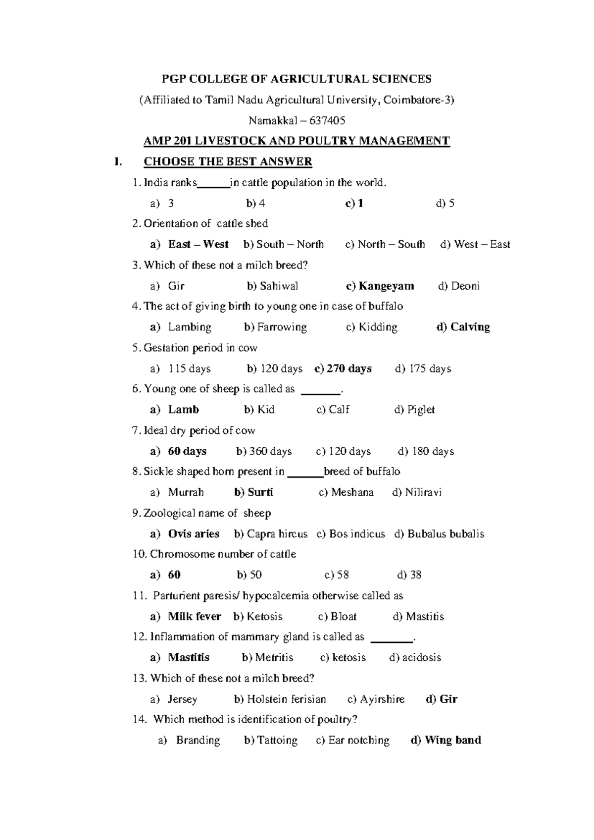 AMP 201 - Q.B. 20 - Livestock & Poultry Management Exam Guide - Studocu