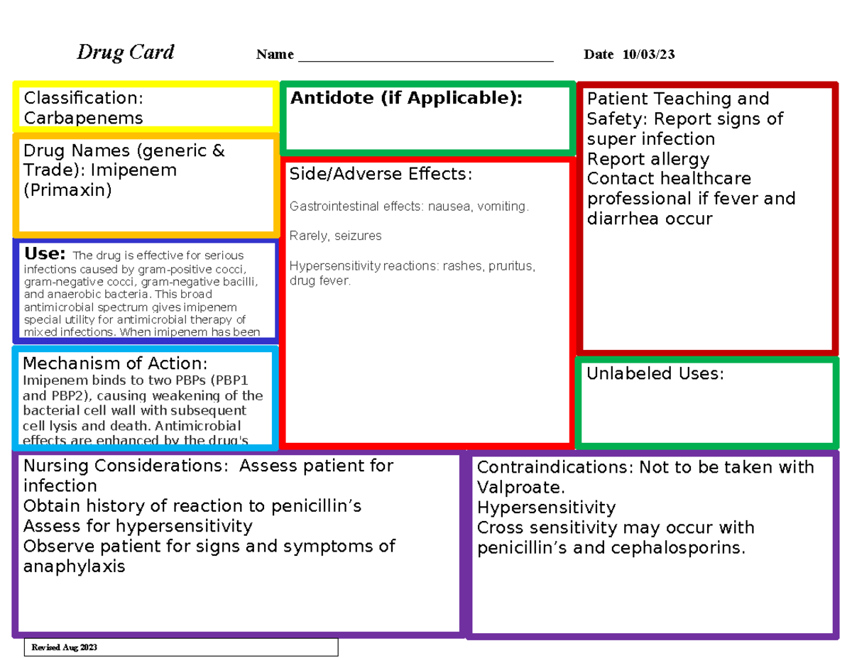 Carbapenems Drug Card (Imipenem) - Patient Safety & Nursing ...