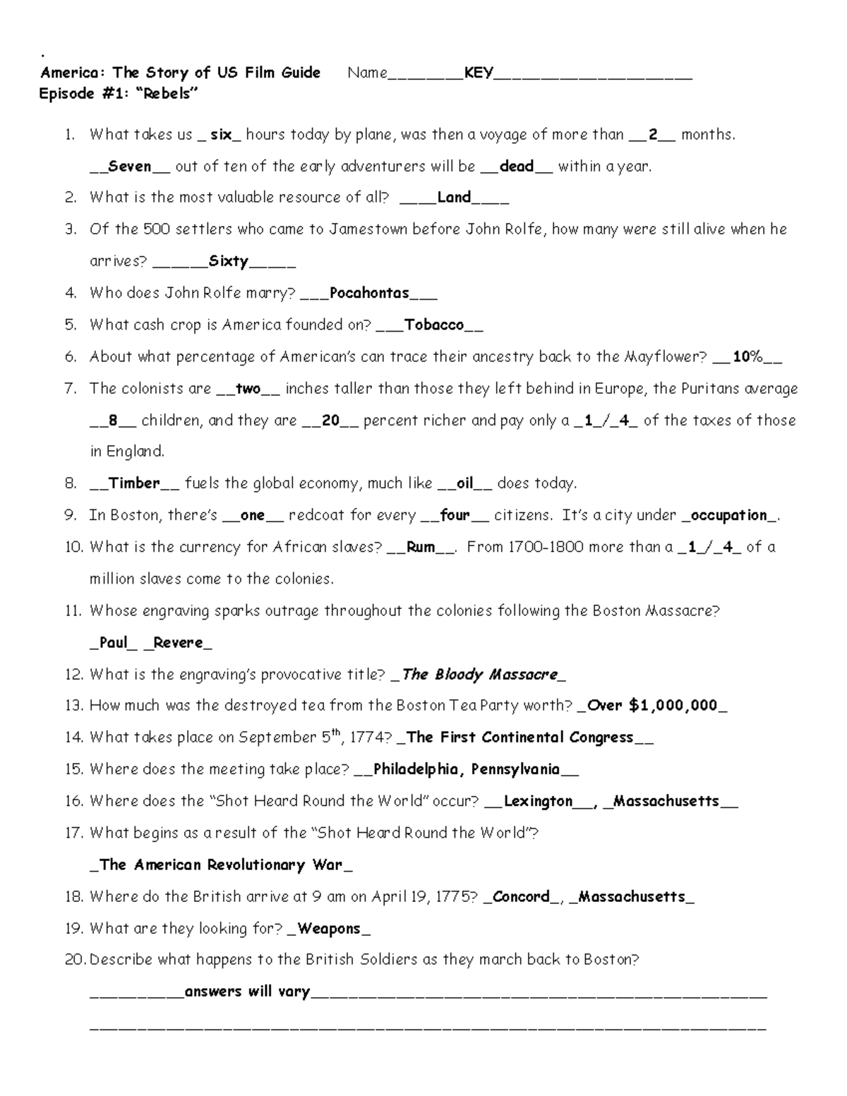 S1E1 story of us episode 1 rebels worksheet answers . America The Story of US Film Guide