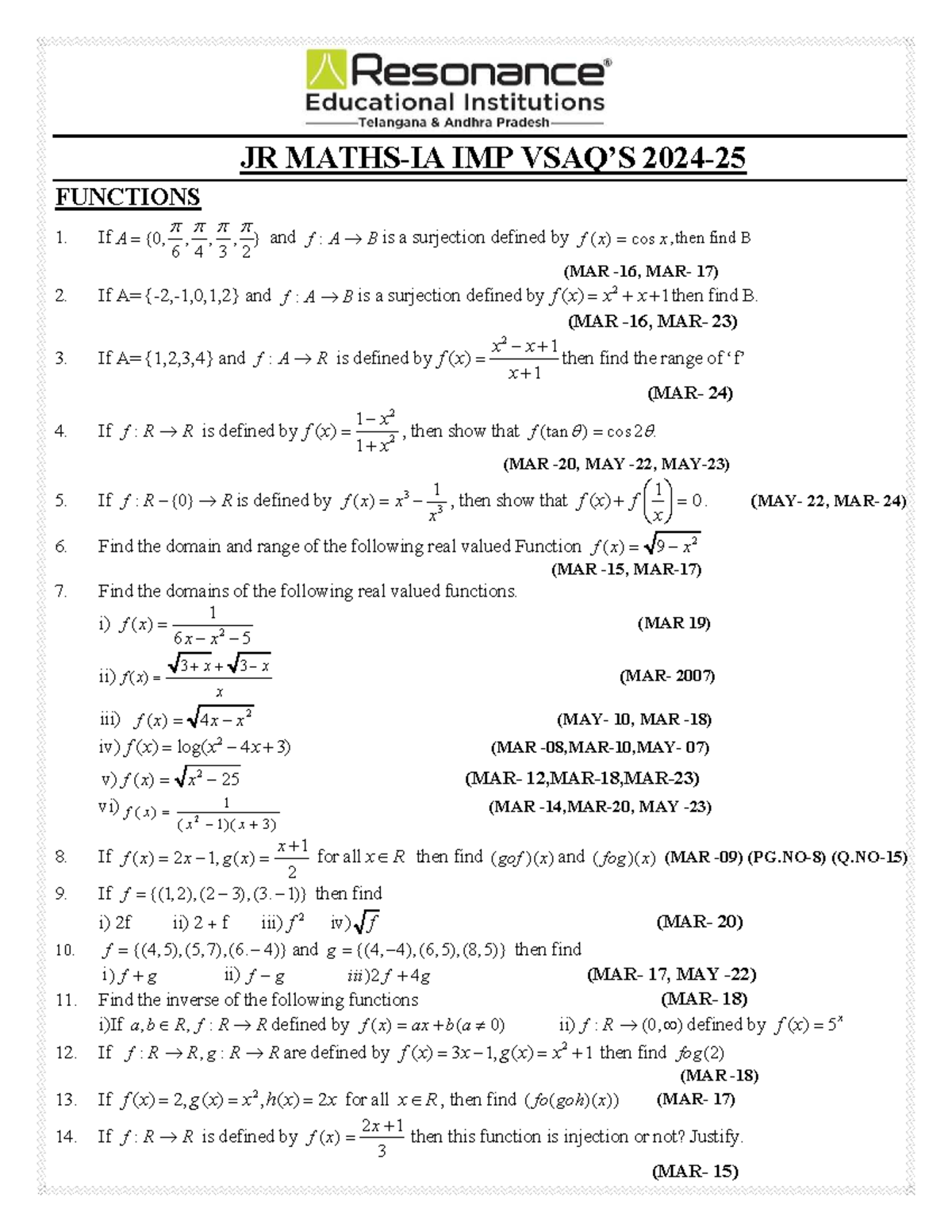 Junior Maths-IA IMP VSAQ's 2024-25: Functions, Matrices & Trigonometry ...