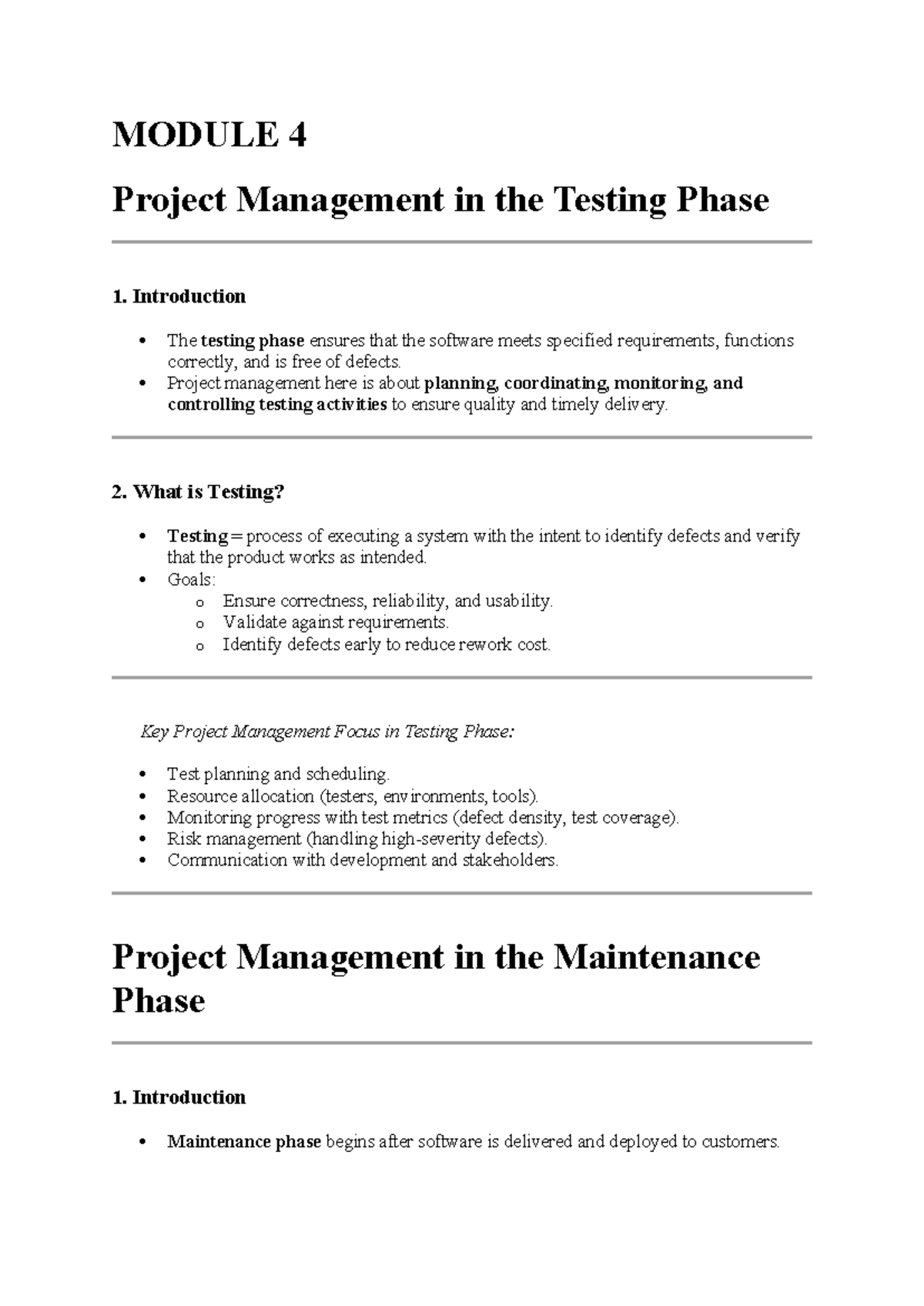 Module 4 SE - Project Management in Testing & Maintenance Phases - Studocu
