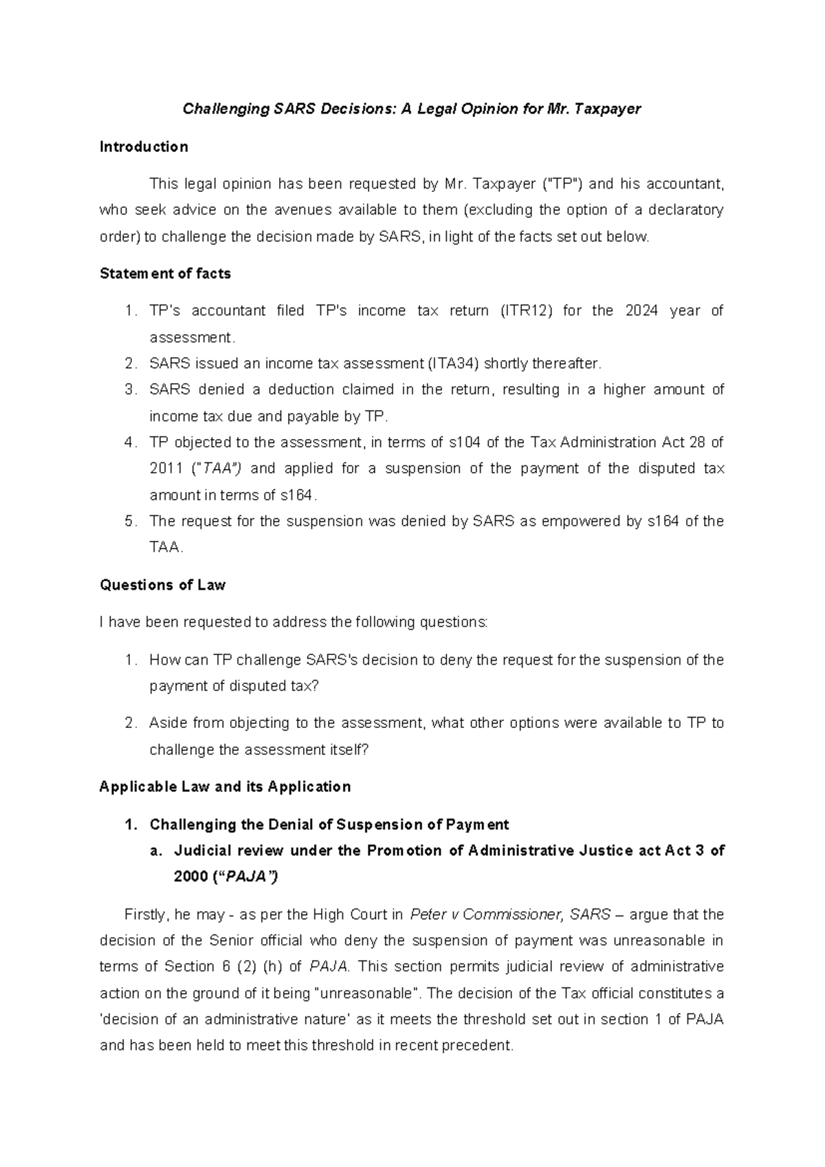 Legal Opinion on Challenging SARS Decisions: Tax Law Guidance for TP ...